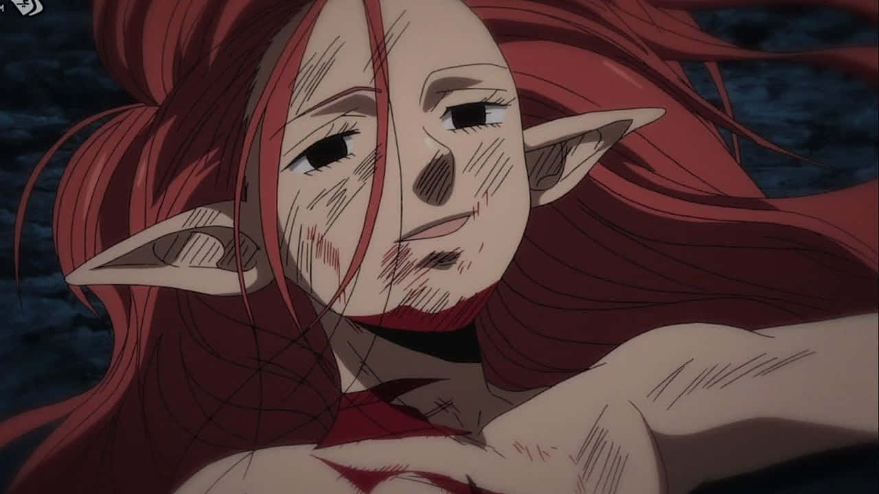 Seven Deadly Sins Gloxinia 桌布 壁紙 — 一個紅髮尖耳動漫精靈的特寫，在黑暗的水樣背景下帶著疲憊的表情向上看。