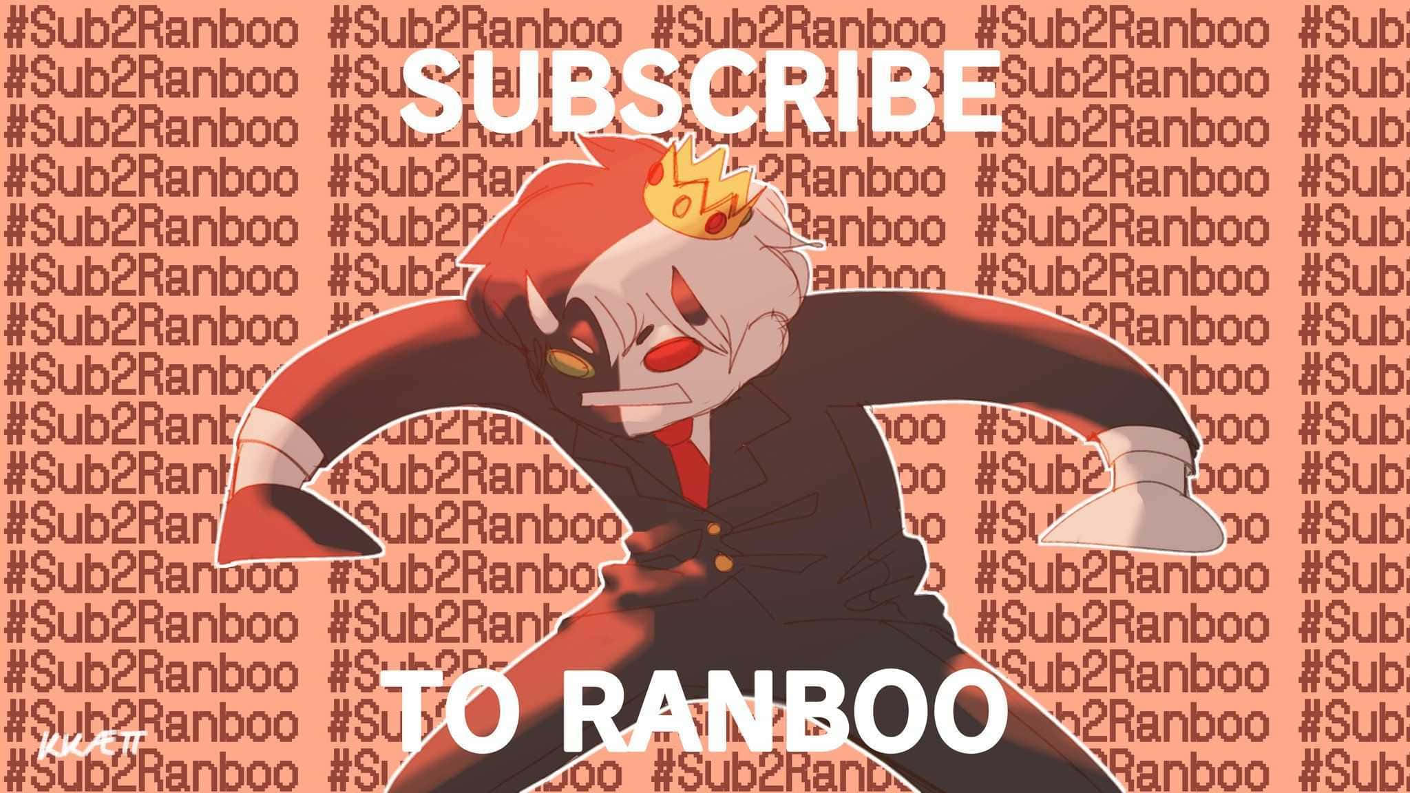 ranboo 桌布 壁紙 — 一個紅髮戴皇冠的動漫角色，在重複的標籤背景和粗體訂閱文字前擺出動態姿勢。