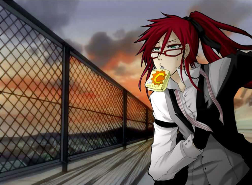 Grell Sutcliff 桌布 壁紙 — 一個紅髮戴眼鏡的動漫角色在日落時分的橋上喝果汁盒。