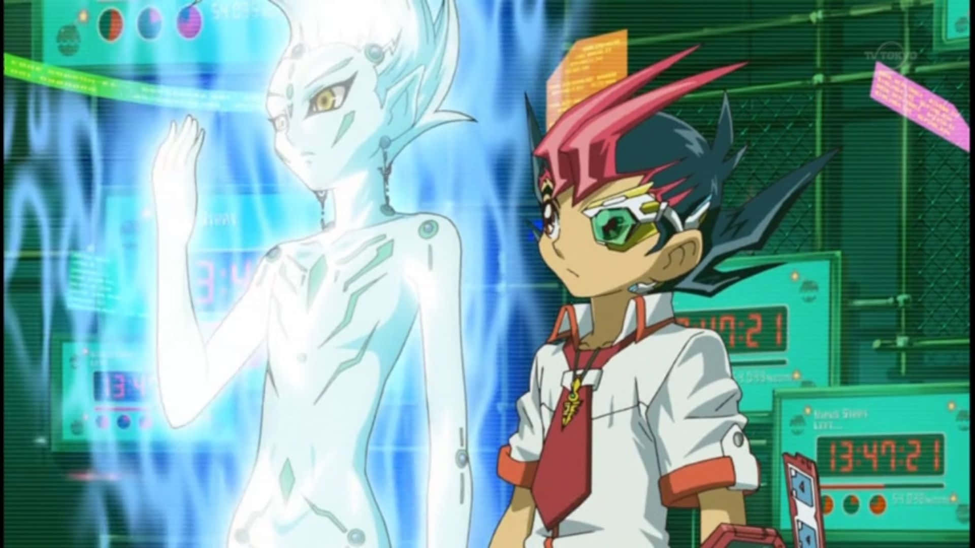 Yu-gi-oh Astral 桌布 壁紙 — 一個紅髮戴護目鏡的年輕動漫男孩，站在高科技控制室中，旁邊是一個發光的藍色全息外星人。