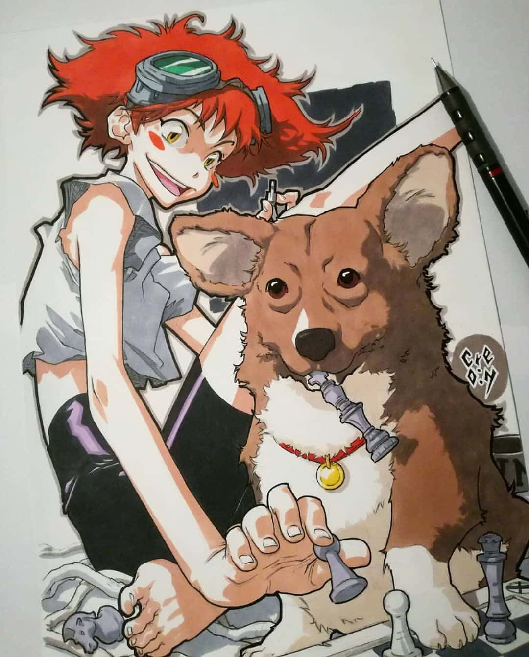Cowboy Bebop Ein 桌布 壁紙 — 一個紅髮戴護目鏡的開朗動漫女孩微笑著與一隻拿著棋子的柯基下棋。