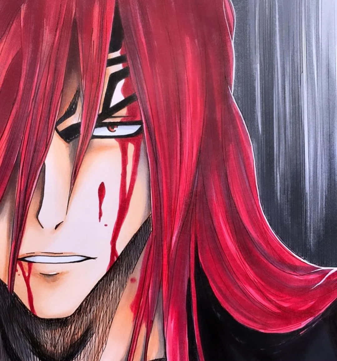 Renji Abarai 桌布 壁紙 — 一個紅髮男子臉上帶血的特寫動畫肖像，背景為深灰色。