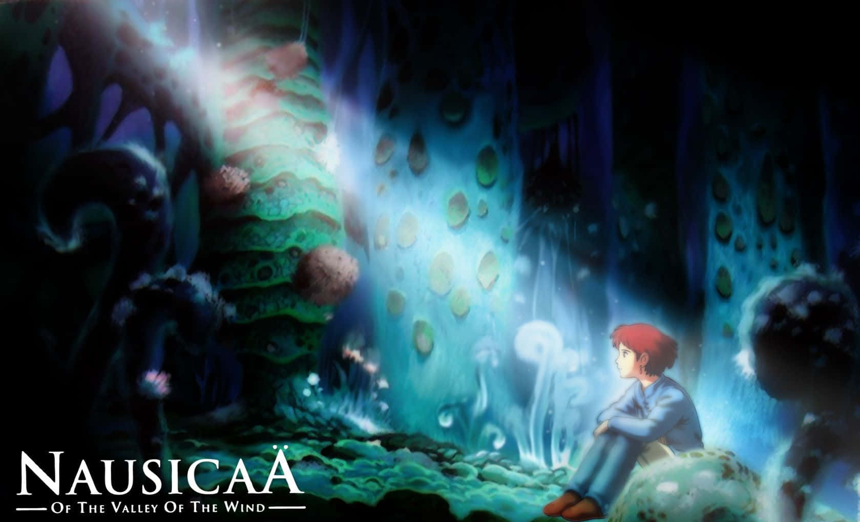 nausicaä of the valley of the wind 桌布 壁紙 — 一個紅髮男孩敬畏地坐在《風之谷》黑暗神秘森林中發光的外星植物前。