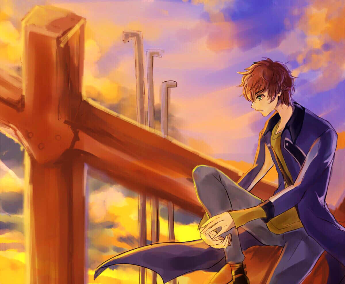 Suzaku Kururugi 桌布 壁紙 — 一個紅髮的年輕動漫男孩，在充滿活力的日落天空背景下，沉思地坐在木欄杆上。