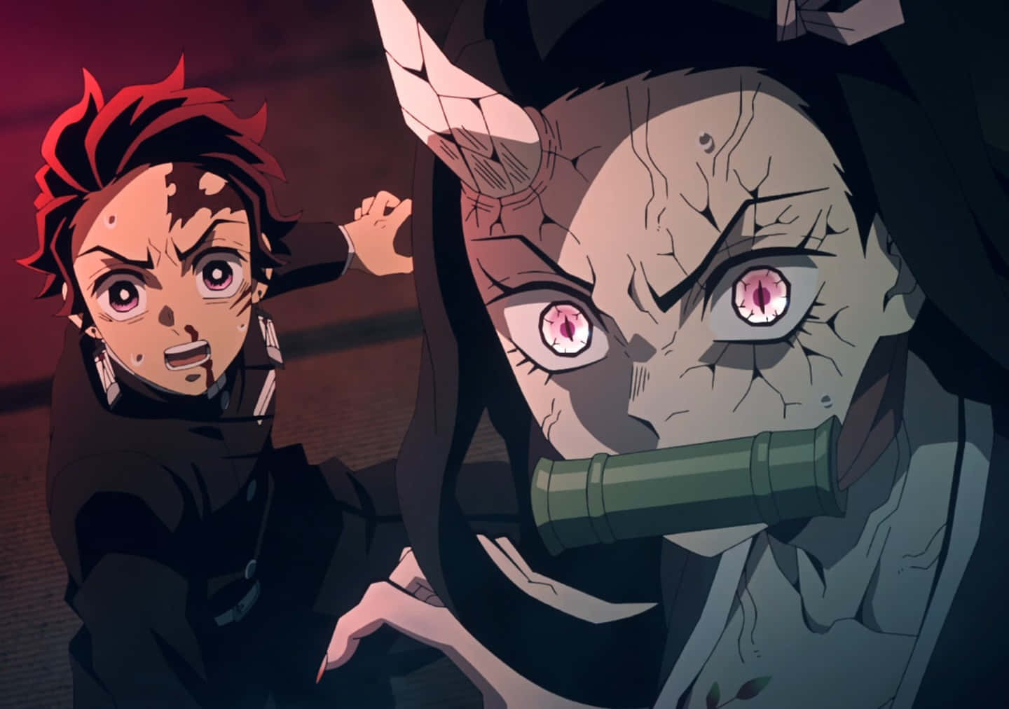 Demon Slayer Fight 桌布 壁紙 — 一個紅髮的年輕動漫男孩拳打一個皮膚龜裂、粉紅色眼睛的惡魔女子。