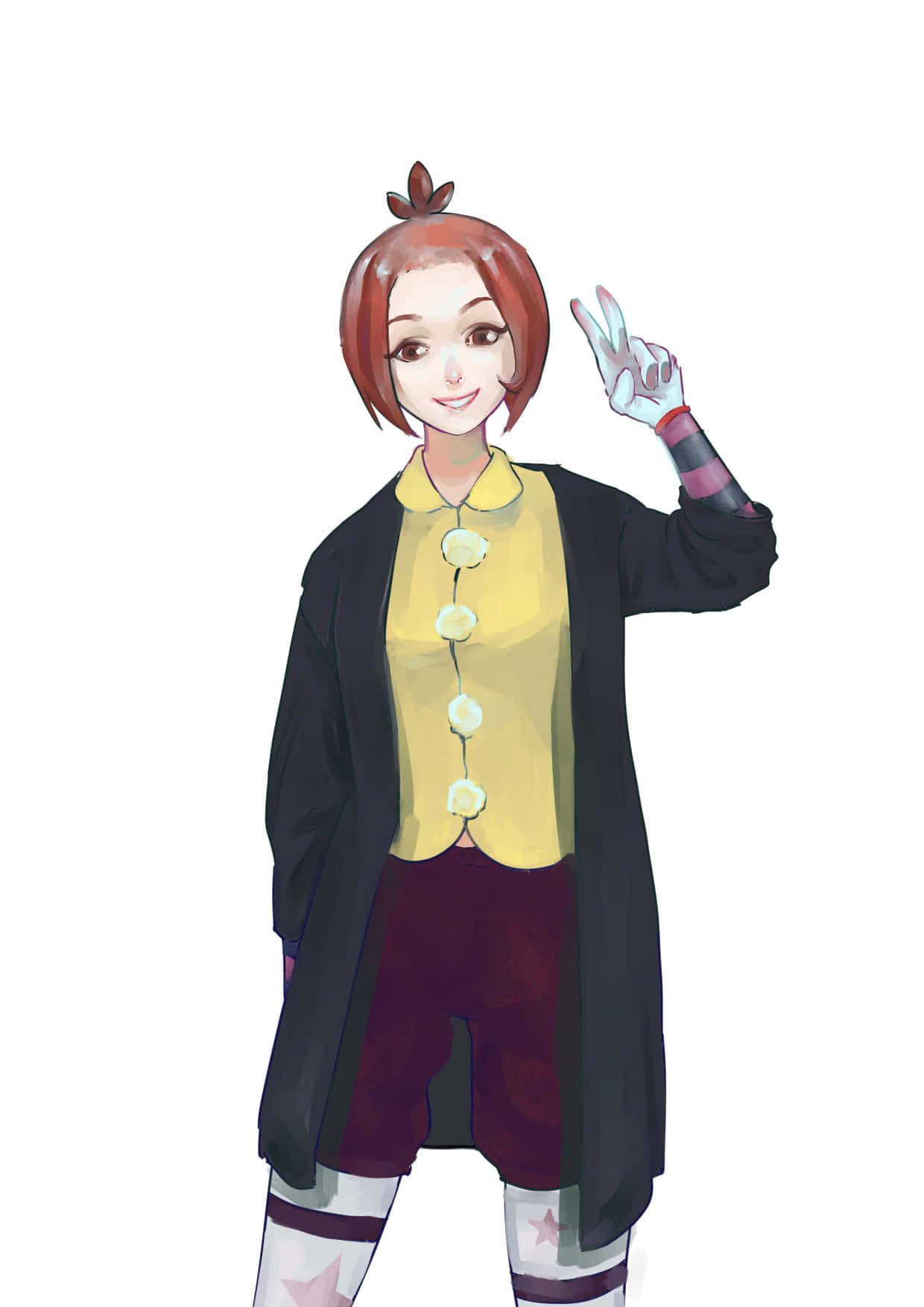 Roma Hoito 桌布 壁紙 — 一個紅髮的開心動漫女孩，穿著黃色襯衫和黑色外套，比出和平手勢微笑。