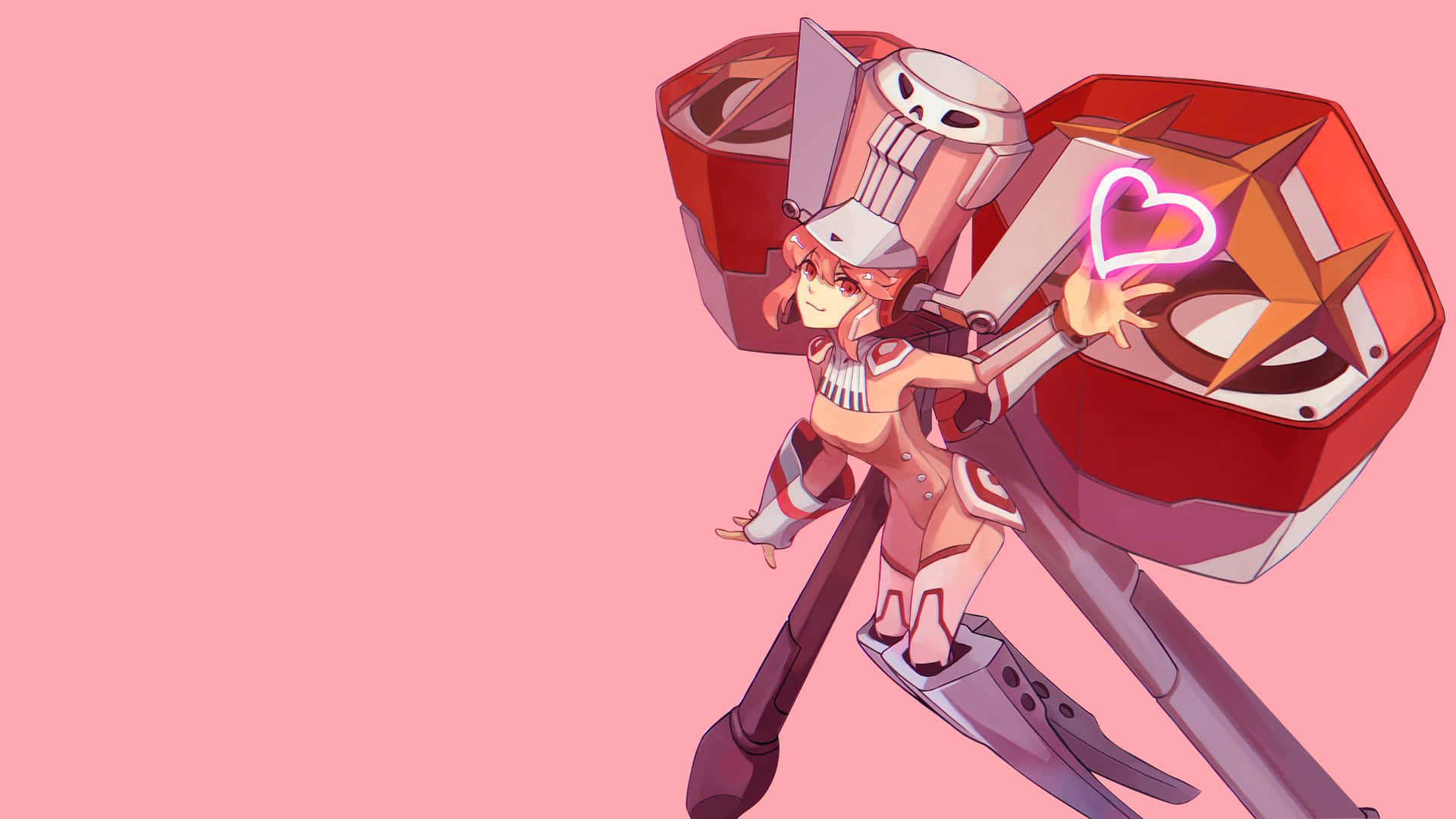 Nonon Jakuzure 桌布 壁紙 — 一個紅髮的開朗動漫女孩，在純粉紅色背景上揮舞著一把裝飾著發光粉紅色心形的巨大紅色錘子。