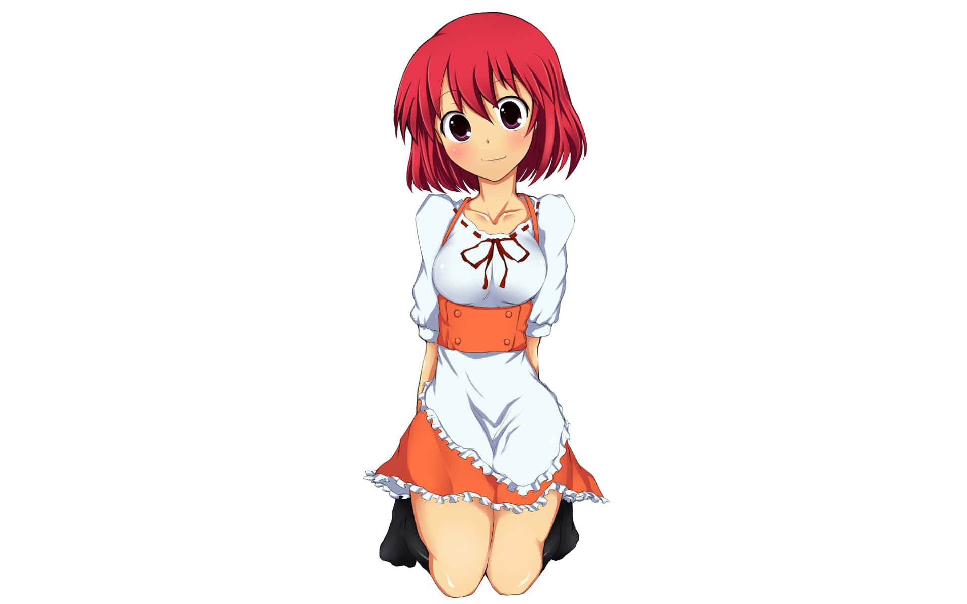 Minori Kushieda 桌布 壁紙 — 一個紅髮的開朗動漫女孩，穿著白色和橙色的女僕裝，跪在純白色背景前。
