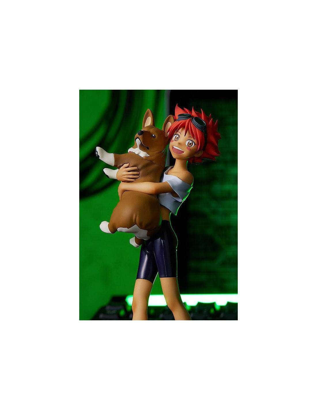 Cowboy Bebop Edward 桌布 壁紙 — 一個紅髮的開朗動漫女孩在充滿活力的綠色背景前擁抱一隻棕色哥基犬。