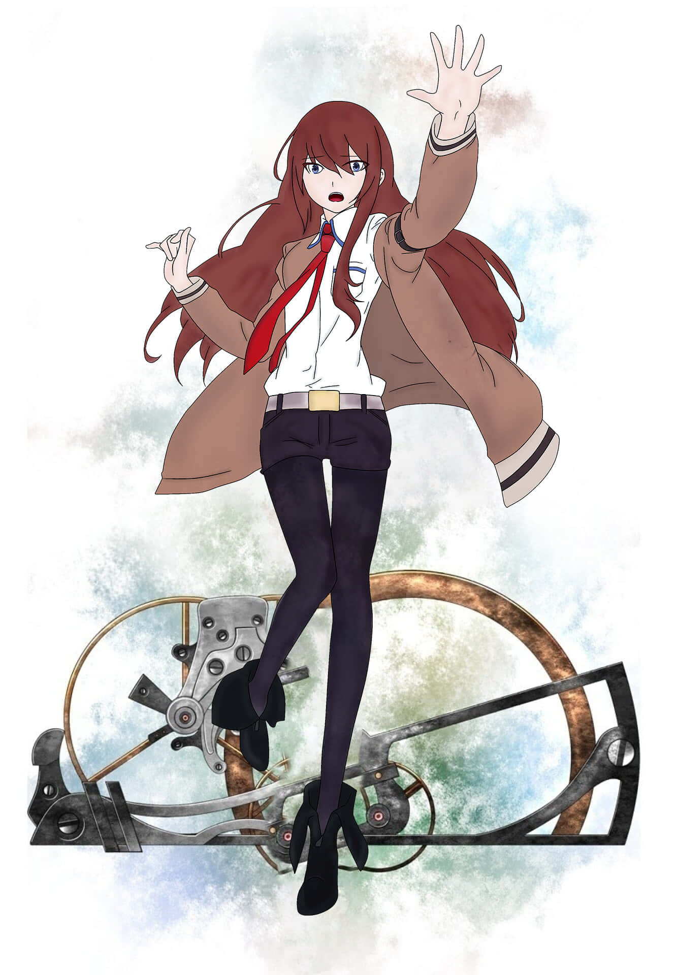 kurisu makise 桌布 壁紙 — 一個紅髮穿著校服的動漫女孩，驚訝地站在一個巨大的機械齒輪上，背景是陰雲密佈的天空。