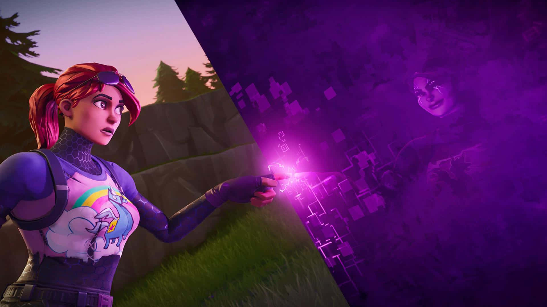 Thumbnail 桌布 壁紙 — 一個紅髮穿著獨角獸襯衫的Fortnite角色，將手伸向一個發光紫色數位傳送門，露出一個幽靈般的面孔。