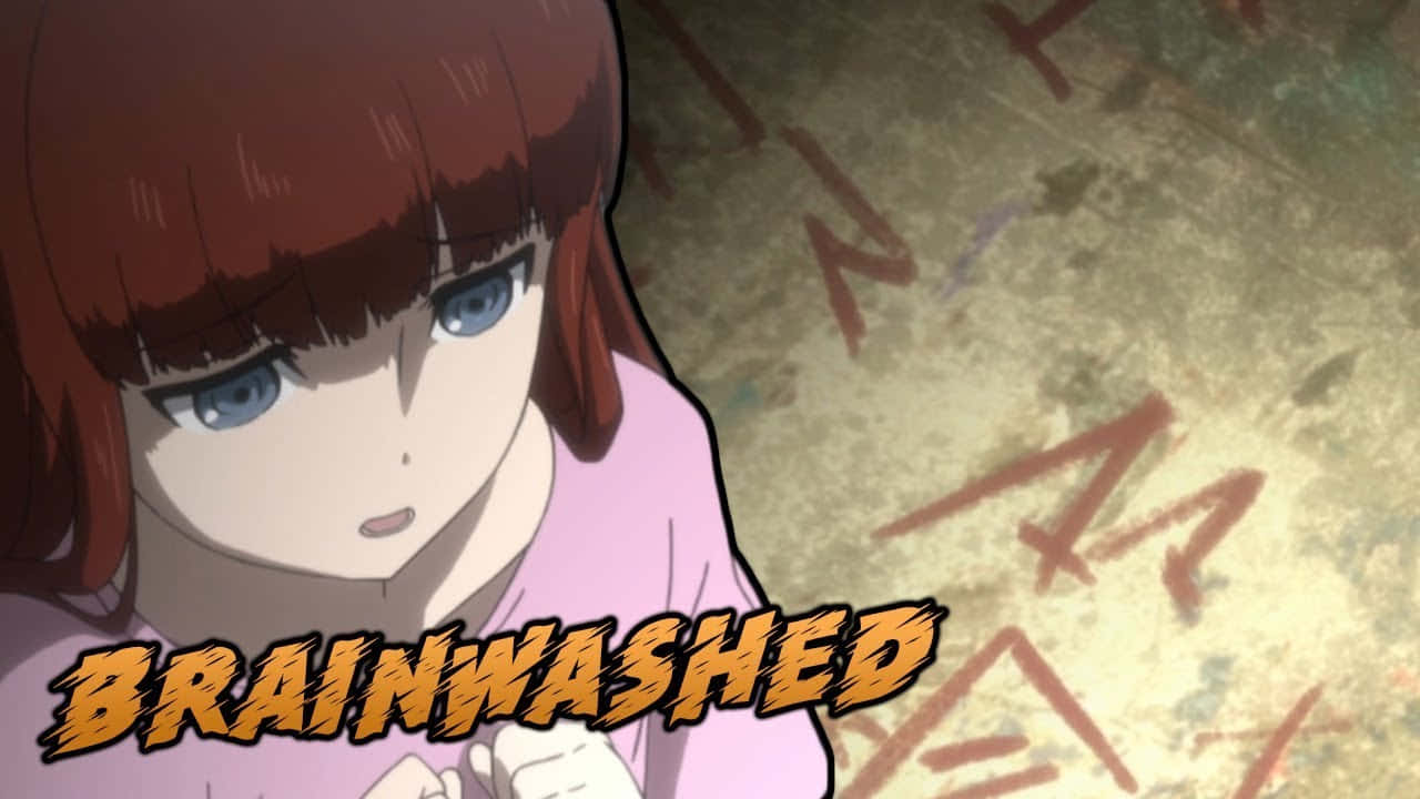 Kagari Shiina 桌布 壁紙 — 一個紅髮藍眼的動漫女孩特寫，專注地凝視，而「BRAINWASHED」這個詞以粗體塗鴉風格文字出現。