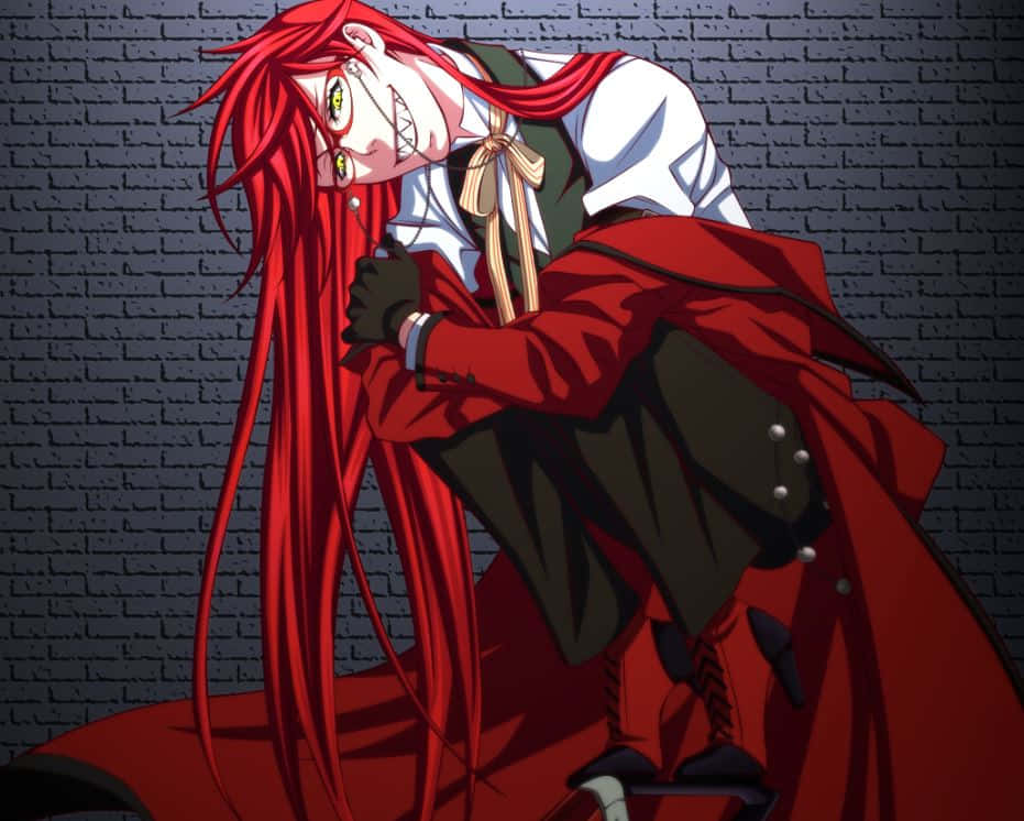 Grell Sutcliff 桌布 壁紙 — 一個紅髮黃眼的動漫角色穿著紅色外套，以戲劇性的姿勢靠在磚牆上。