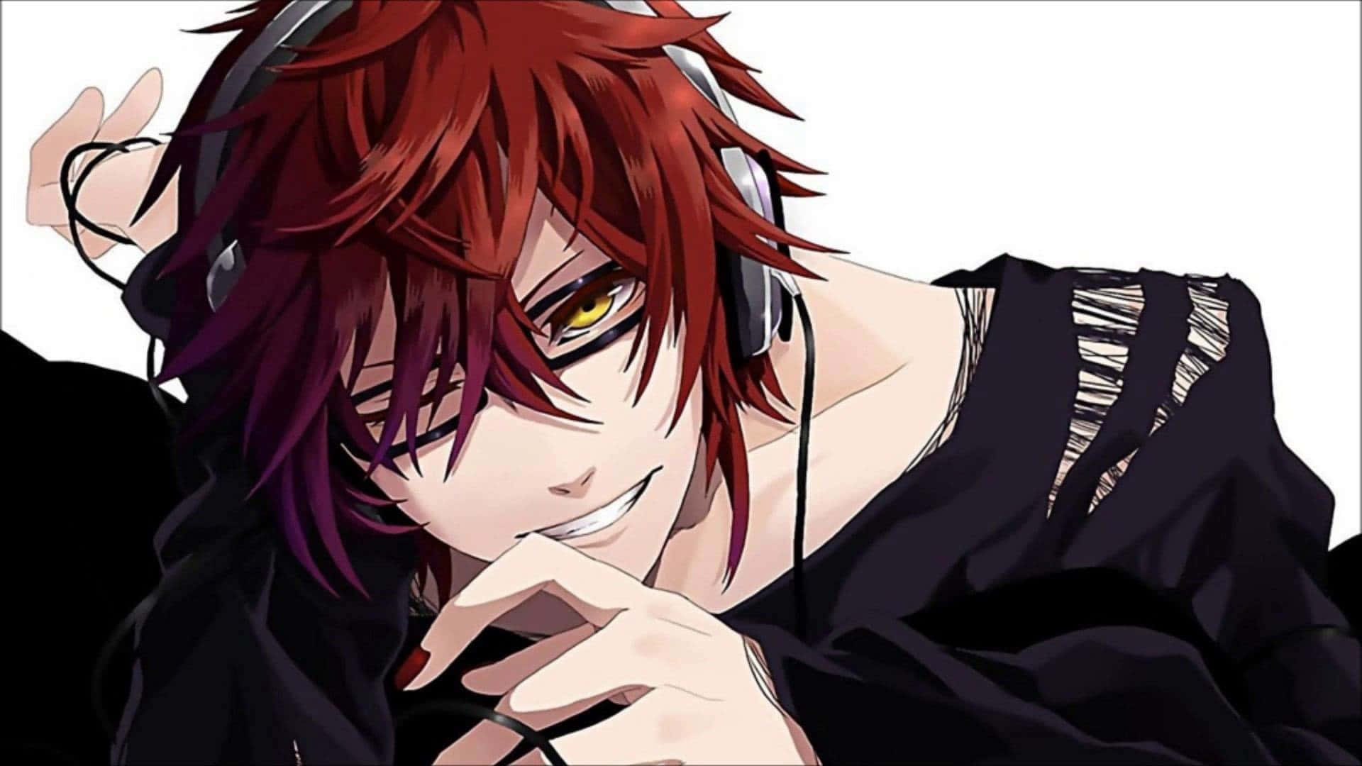 Grell Sutcliff 桌布 壁紙 — 一個紅髮黃眼的動畫男孩戴著耳機，在純白背景前微笑。