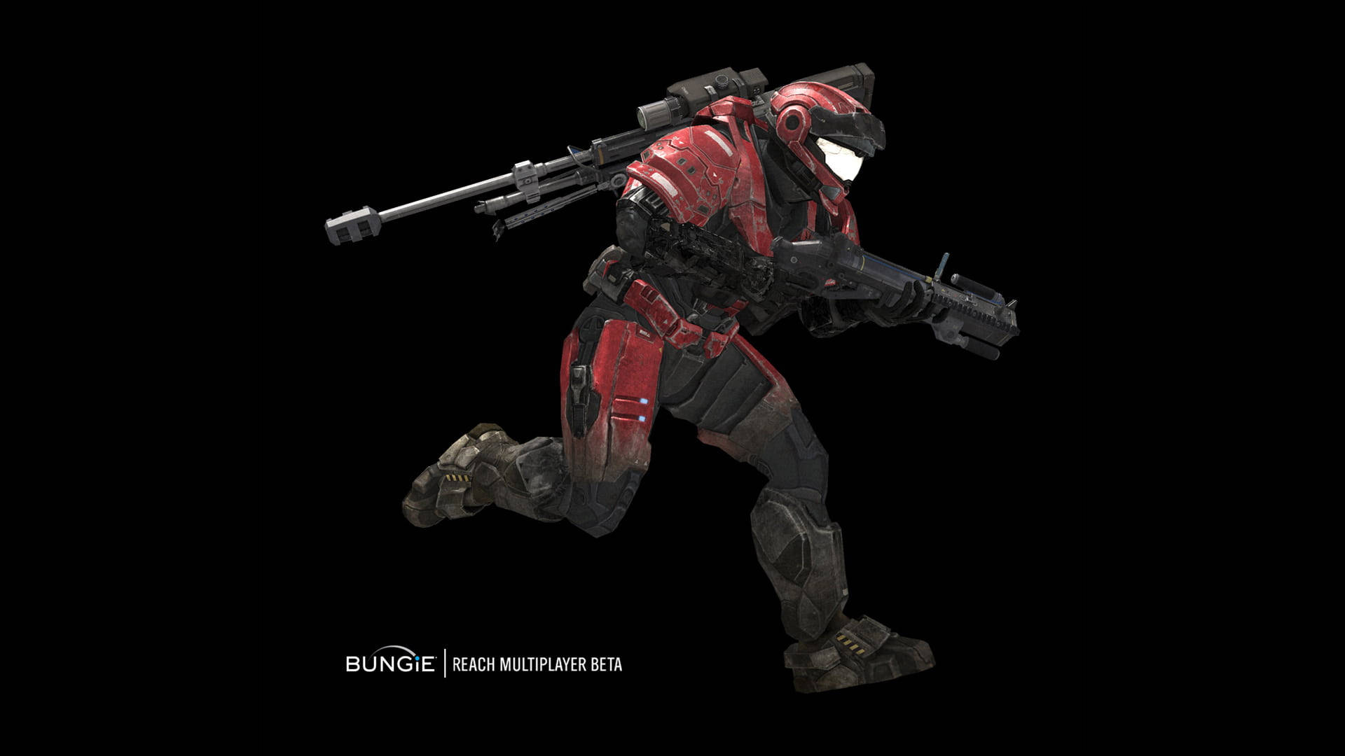 halo 桌布 壁紙 — 一個紅黑裝甲士兵以動態蹲姿手持重型武器，背景為純黑色。