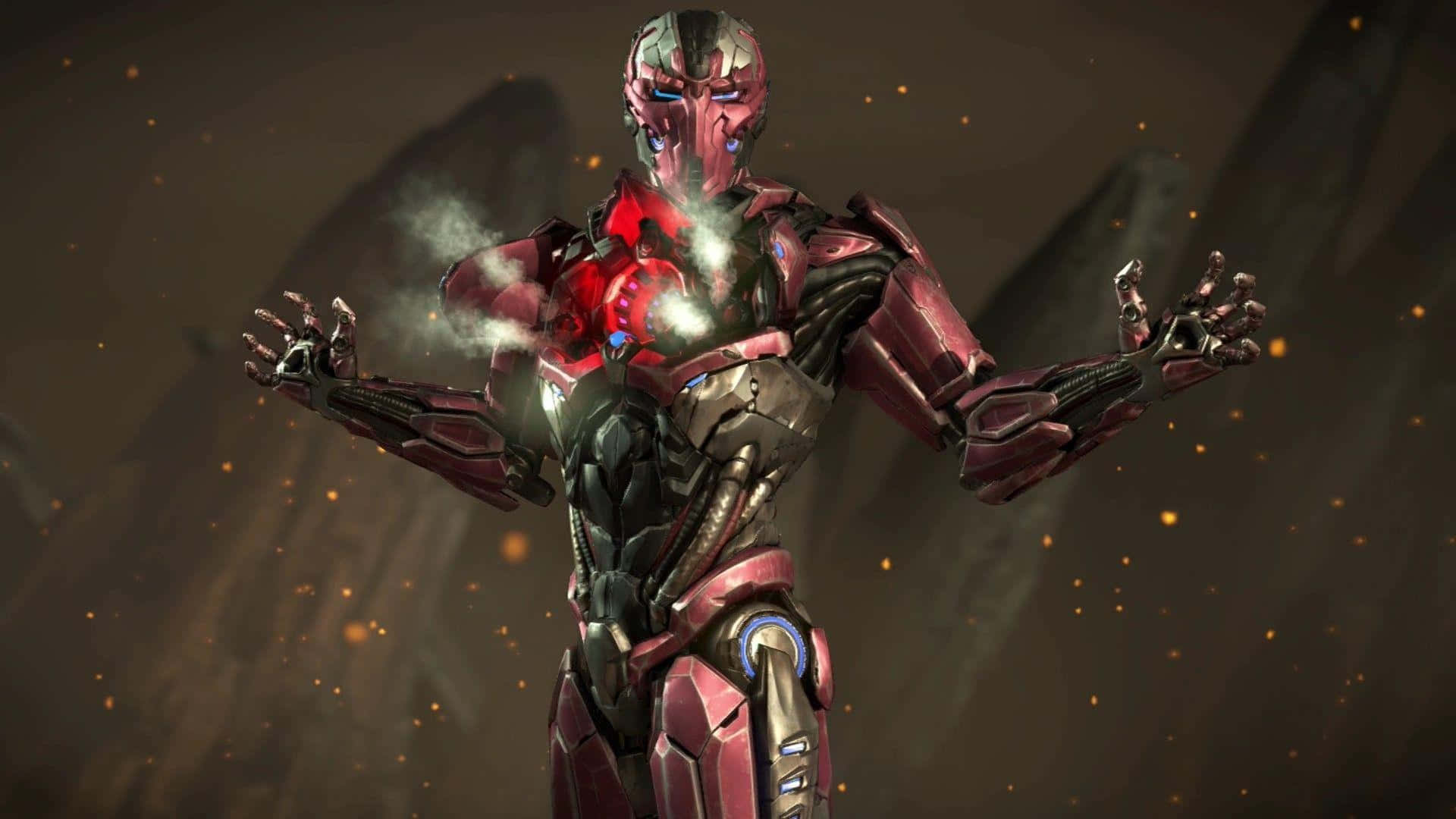 Mortal Kombat Triborg 桌布 壁紙 — 一個紅黑裝甲的機械人，眼睛和胸口發出光芒，雙臂張開，站在煙霧瀰漫的黑暗背景前。