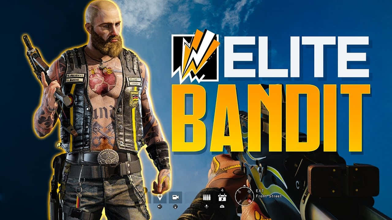 Rainbow Six Siege Bandit 桌布 壁紙 — 一個紋身強盜拿著步槍，站在藍天背景下，帶有 'ELITE BANDIT' 文字和遊戲 UI 元素。