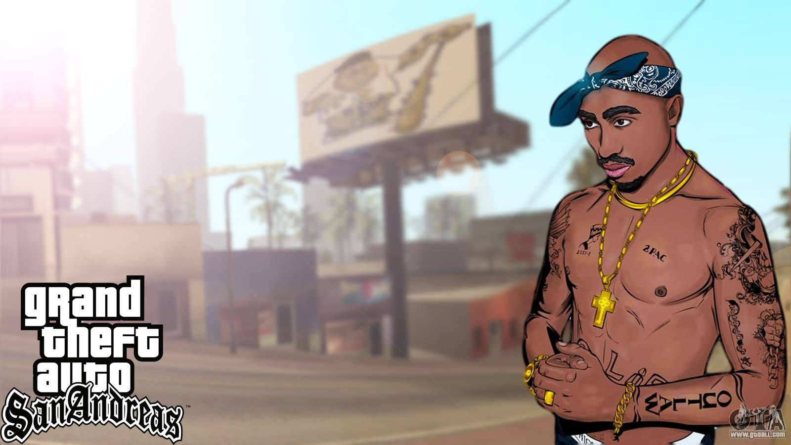 Gta 桌布 壁紙 — 一個紋身男子戴著頭巾和金鏈，站在《俠盜獵車手：聖安地列斯》陽光明媚的城市街道上。