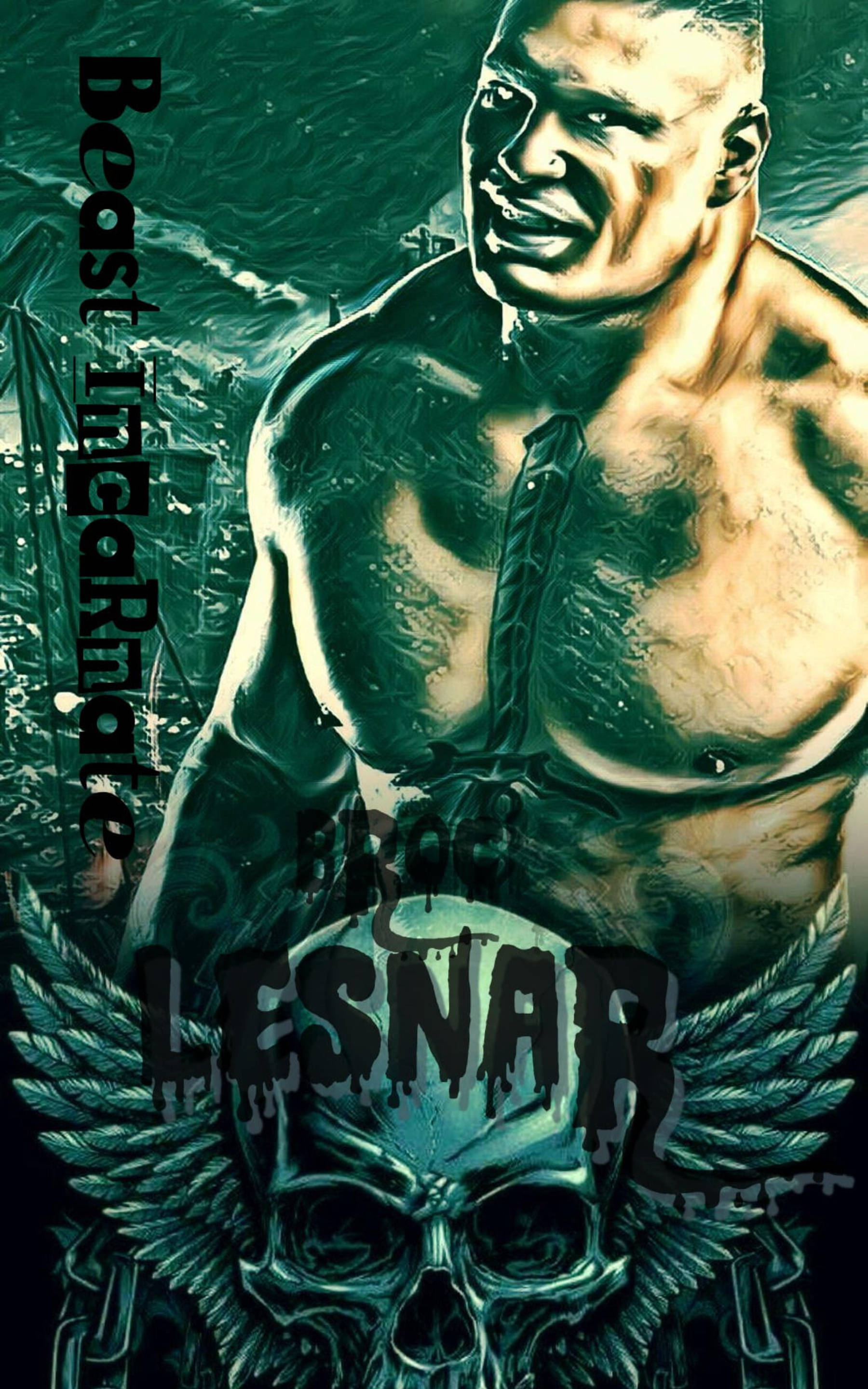 手機 桌布 壁紙 — 一個紋身肌肉男站在一個帶有 'Beast Incarnate' 和 'LESNAR' 文字的帶翼頭骨上方，風格為粗糙的深綠色和金色。