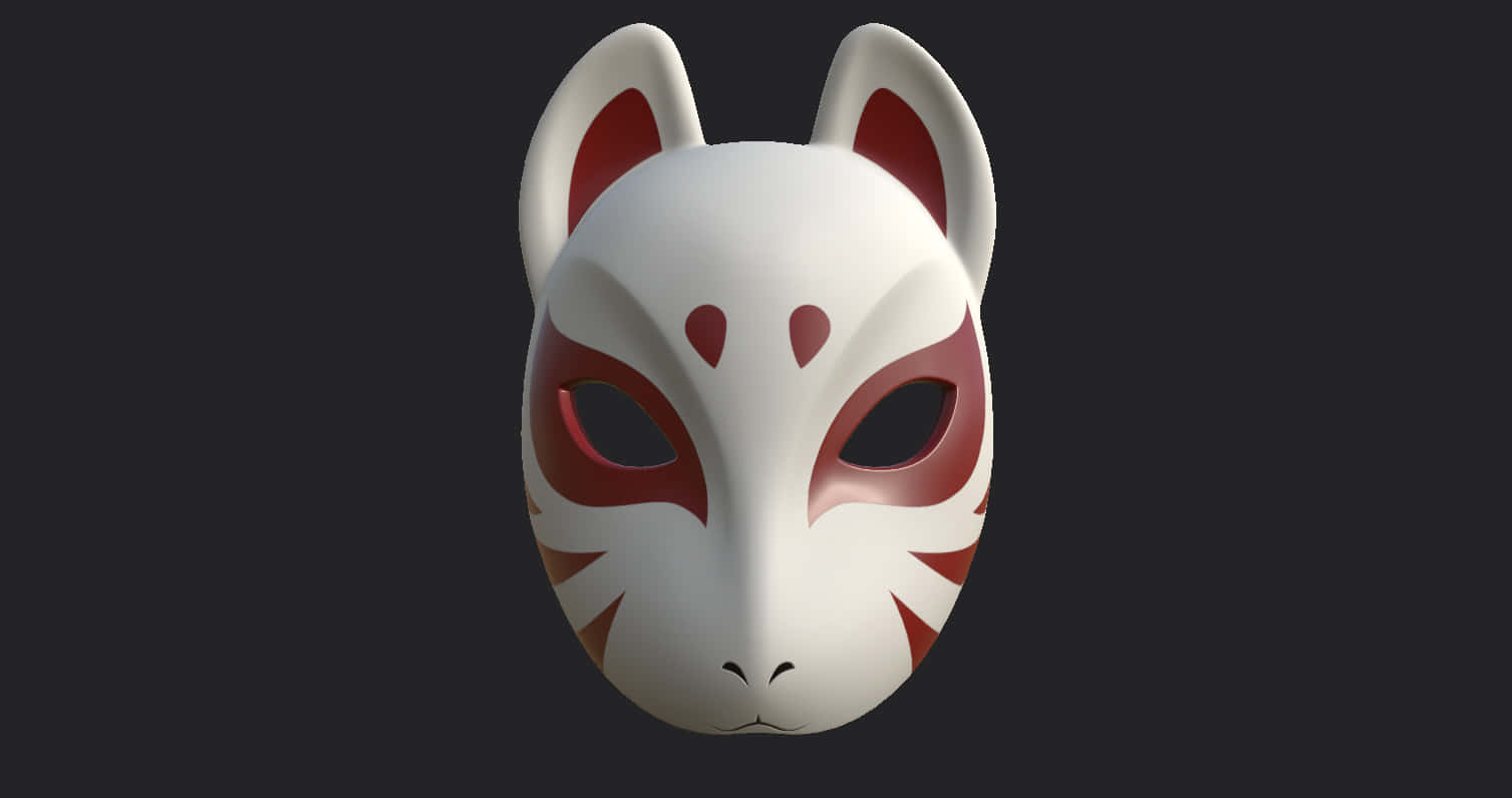 Yokai 桌布 壁紙 — 一個純白色的狐狸面具，帶有紅色點綴和尖耳朵，置於深色背景上。