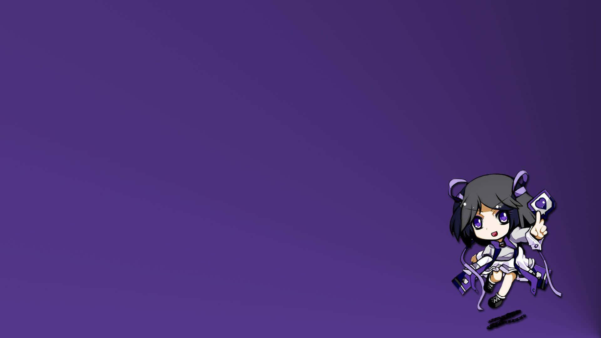 Minecraft Twitch Streamers 桌布 壁紙 — 一個紫眼黑髮的Q版動漫女孩坐在角落，在紫色漸變背景前拿著一張紫色卡片。