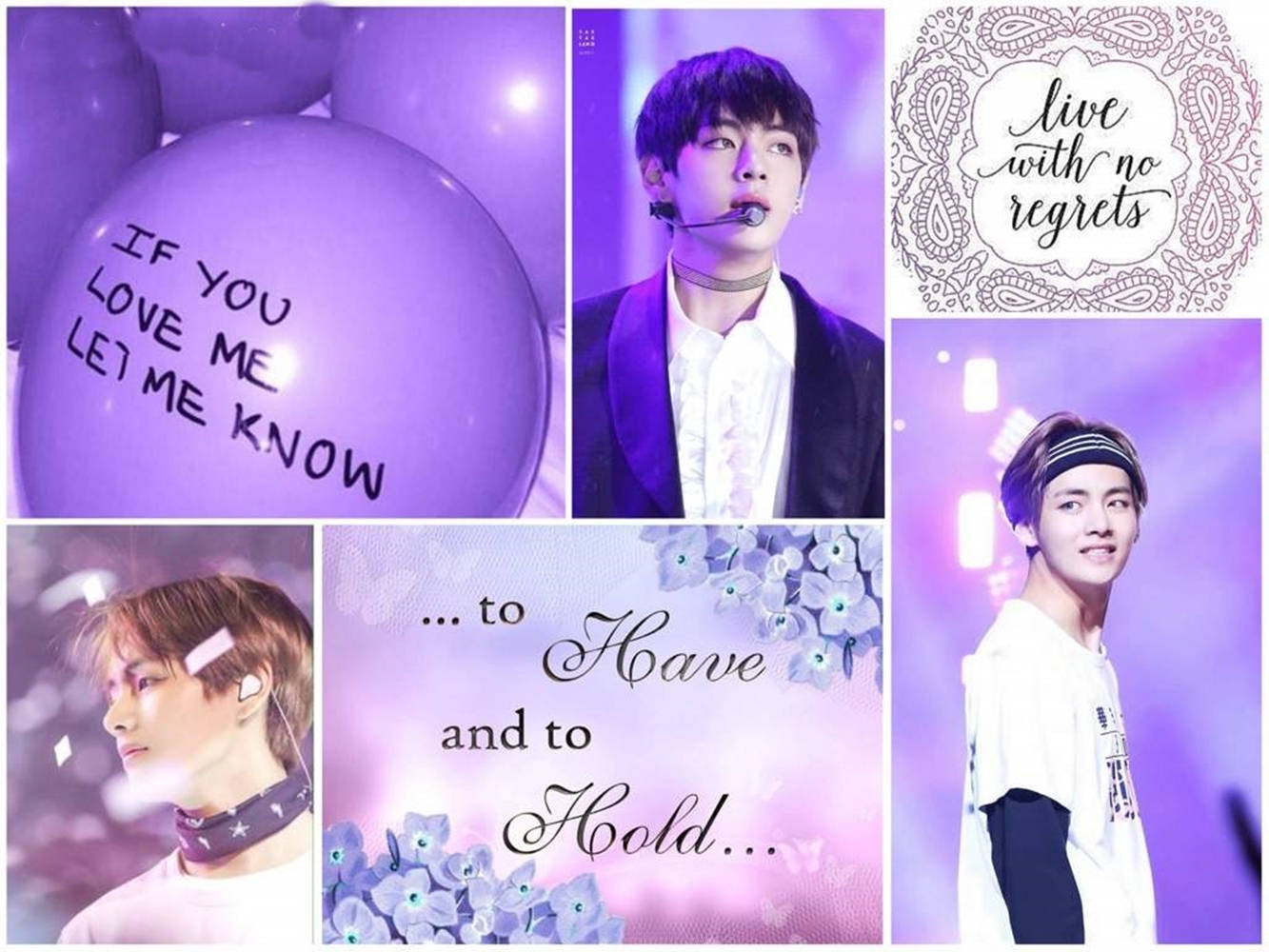 Kpop Aesthetic 桌布 壁紙 — 一個紫色主題的拼貼畫，包含一個帶有手寫文字的氣球、舞台上的表演者和花卉語錄圖形。
