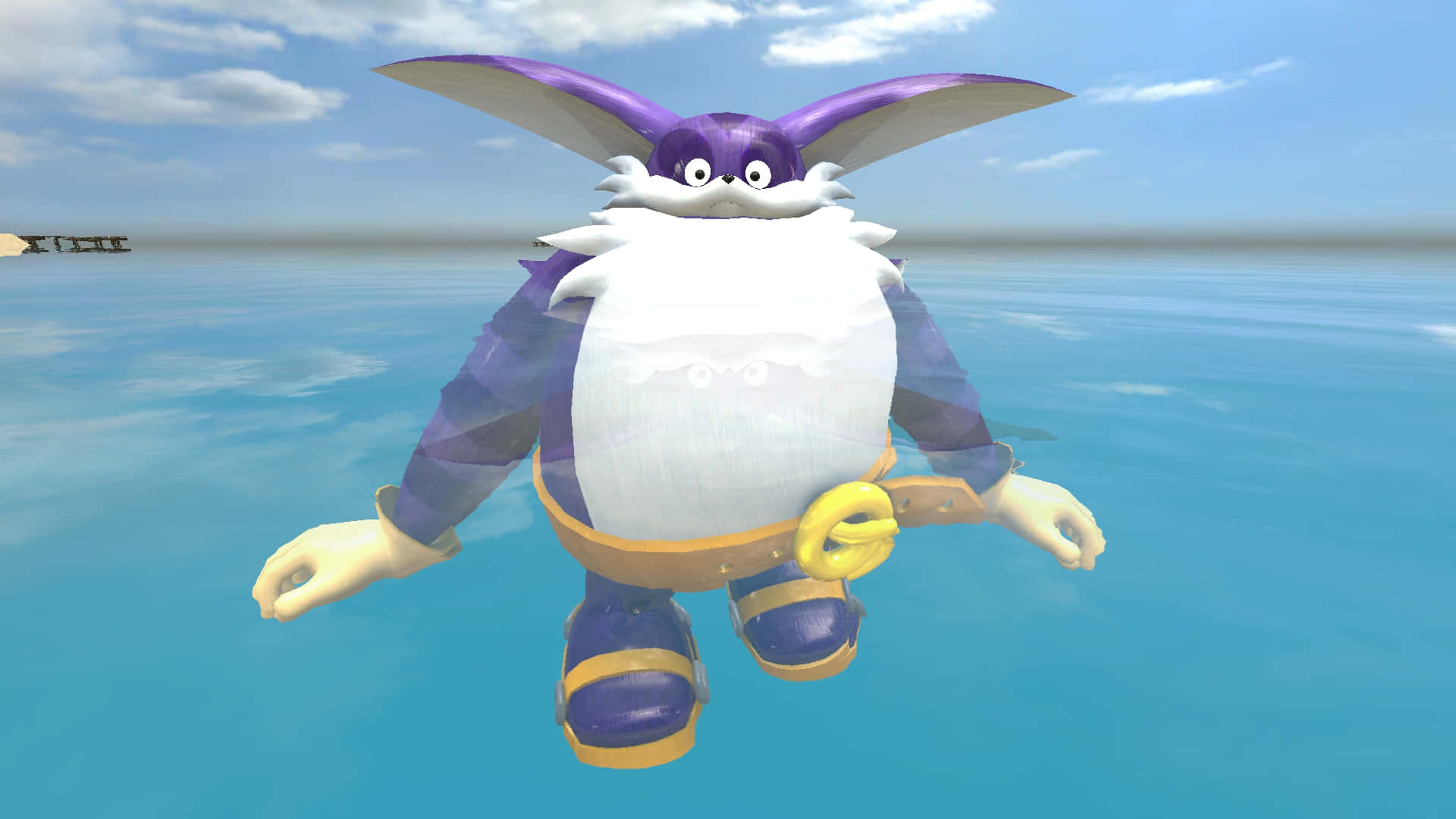 Big The Cat 桌布 壁紙 — 一個紫色兔仔角色，有白色鬍鬚，喺晴朗天空下平靜咁浮喺藍色水面上。