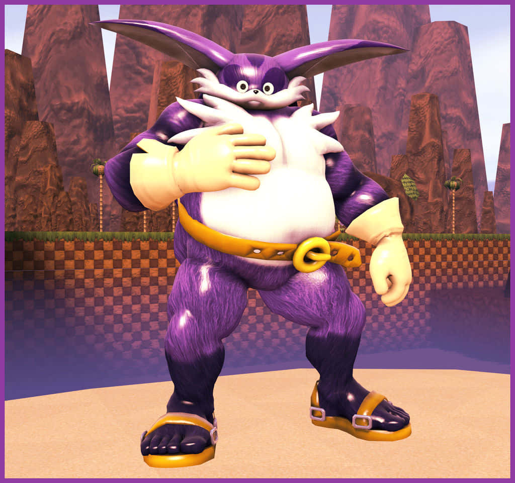 Big The Cat 桌布 壁紙 — 一個紫色兔仔角色，白色胸口同黃色腰帶，企喺岩石沙漠景觀中，充滿自信。