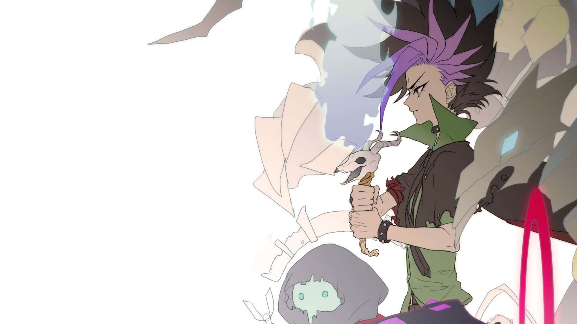 Yu-gi-oh Yuto 桌布 壁紙 — 一個紫色刺蝟頭髮的動漫角色，手持頂端有骷髏頭的權杖，周圍漂浮著紙張和鬼影，背景是明亮的白色。