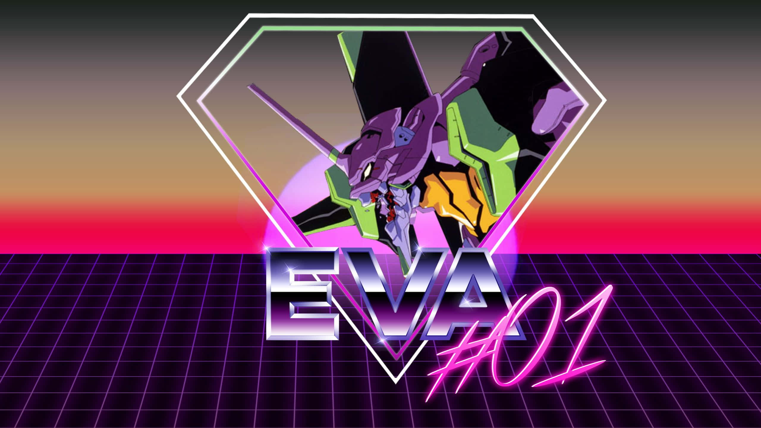 Eva 01 桌布 壁紙 — 一個紫色和綠色的Evangelion Unit-01站在發光的六邊形內，背景是霓虹日落網格，並帶有「EVA #01」文字。