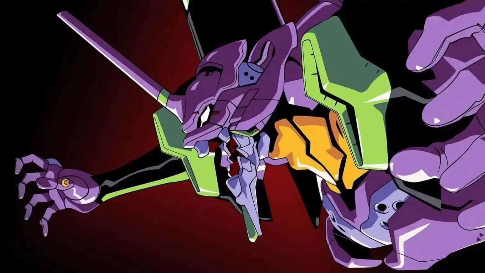 Adam Evangelion 桌布 壁紙 — 一個紫色和綠色的動漫機甲，帶有發光的眼睛和機械肢體，在深紅色背景上動態擺姿勢。