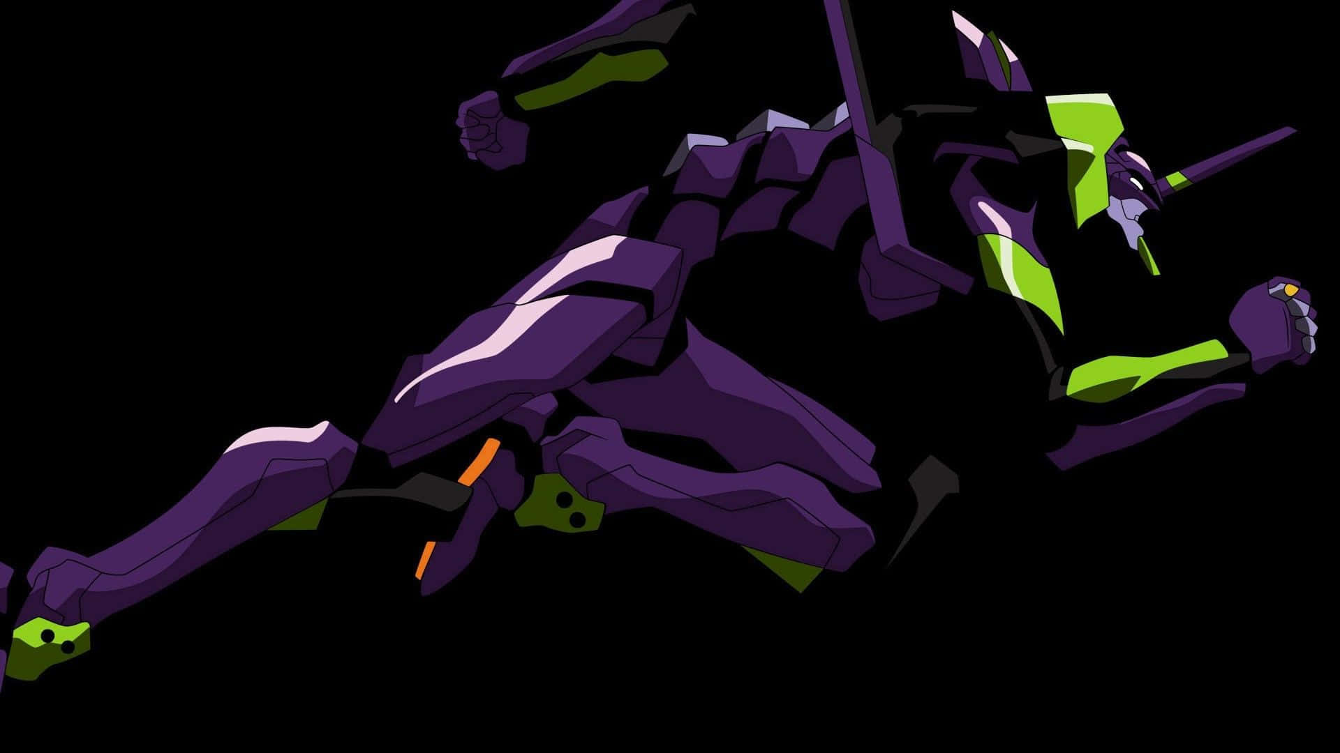 Eva 01 桌布 壁紙 — 一個紫色和綠色的生物機械巨人，在純黑背景下動態地大步前行。