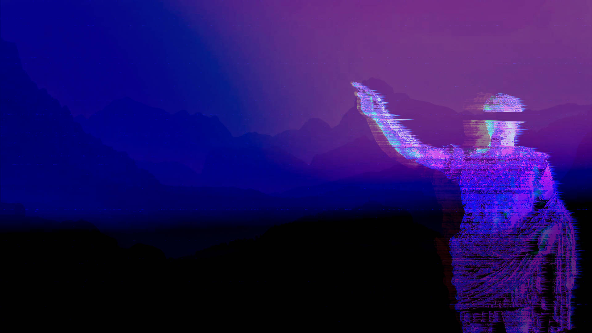 Statue Aesthetic 桌布 壁紙 — 一個紫色和藍色的故障數位人物站在山脈背景下，在充滿活力的暮色天空下。