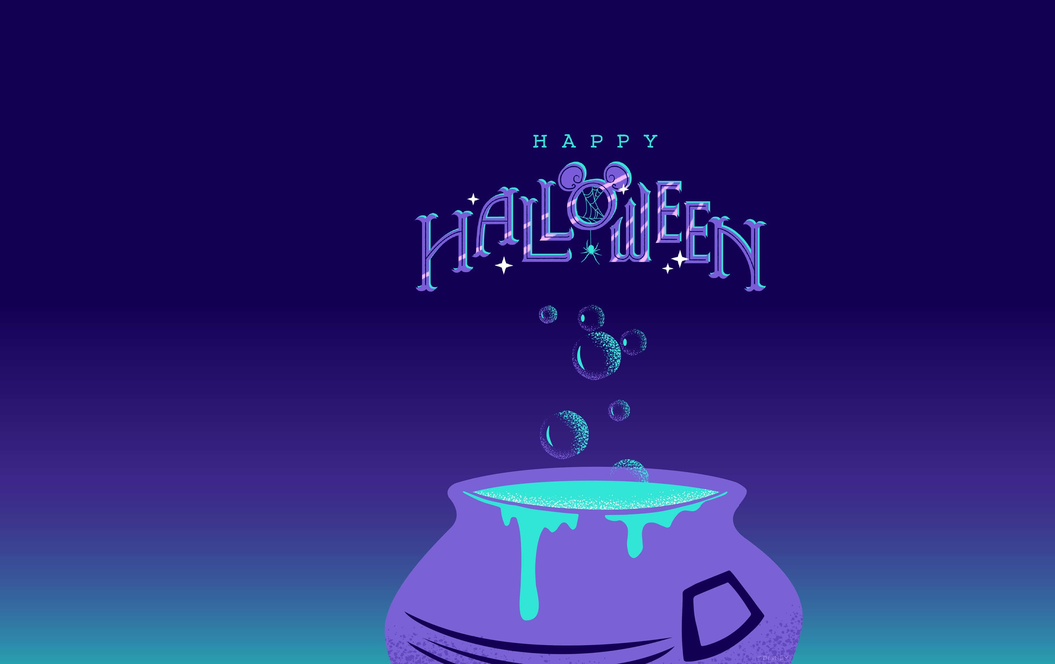 cauldron 桌布 壁紙 — 一個紫色大鍋，內有發光的青綠色液體和氣泡，下方有 'Happy Halloween' 文字，背景為紫色和青綠色的漸變色。