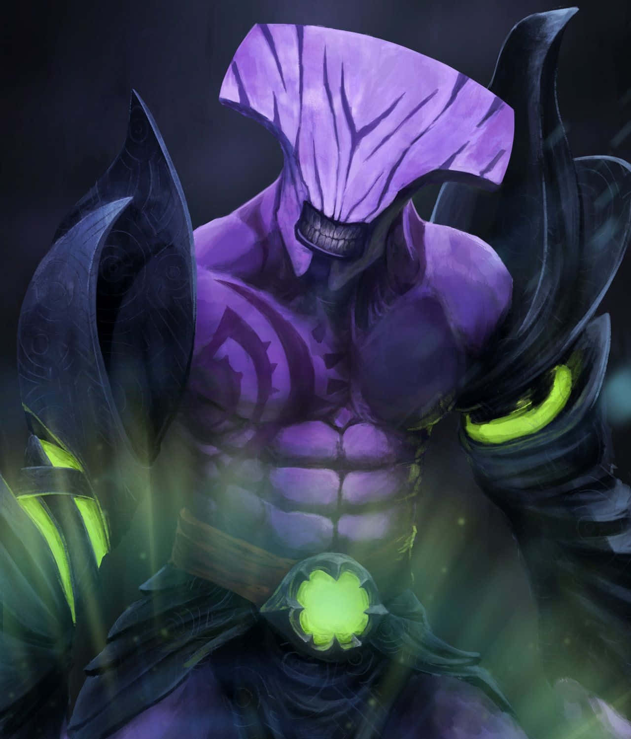 Faceless Void 桌布 壁紙 — 一個紫色皮膚、散發綠色光芒眼睛、身穿華麗黑色盔甲的可怕惡魔，站在陰影黑暗之中。