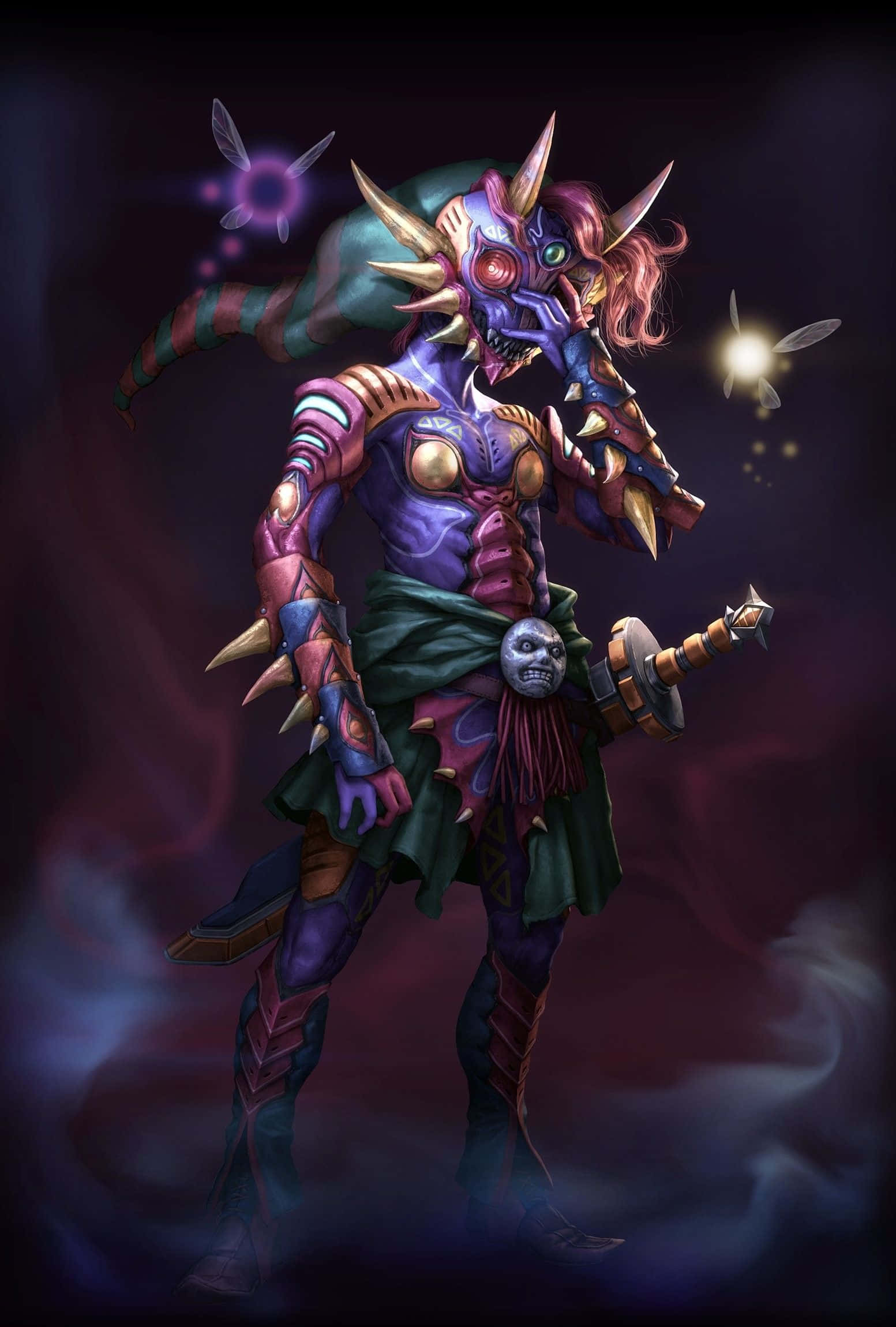 Ganondorf 桌布 壁紙 — 一個紫色皮膚、發光眼睛、穿著尖刺盔甲的威脅性奇幻戰士，站在煙霧瀰漫的黑暗虛空中，揮舞著發光武器。
