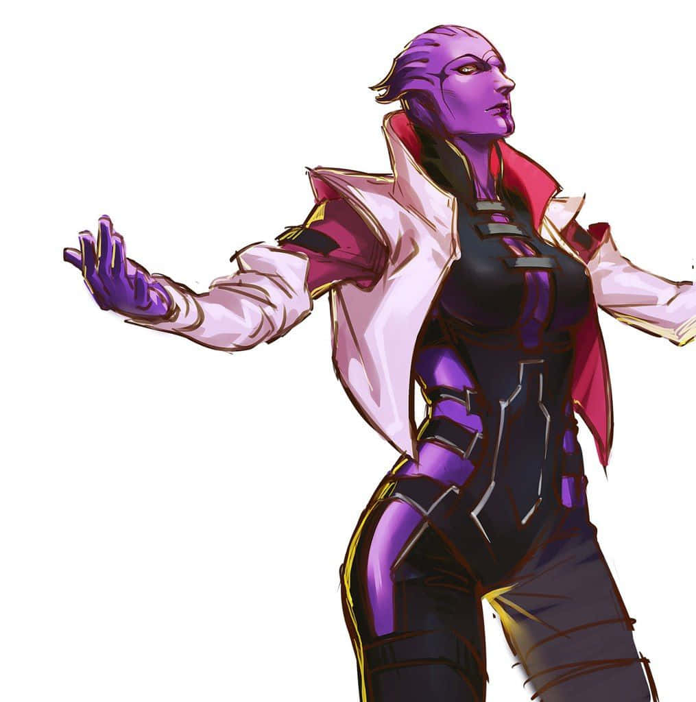 Aria T'loak 桌布 壁紙 — 一個紫色皮膚的動漫角色，身穿白色外套和黑色緊身衣，在純白色背景前擺出動態姿勢。