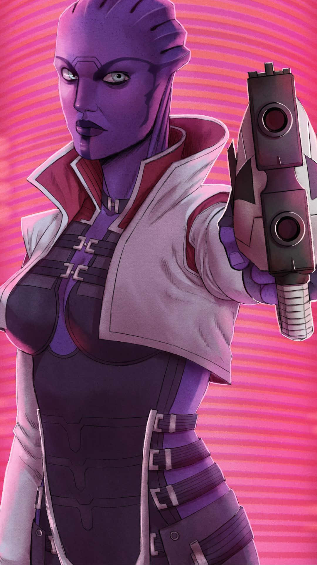 Aria T'loak 桌布 壁紙 — 一個紫色皮膚的外星女人穿著未來風格的盔甲，手持爆能槍，背景是充滿活力的粉紅和洋紅色條紋。