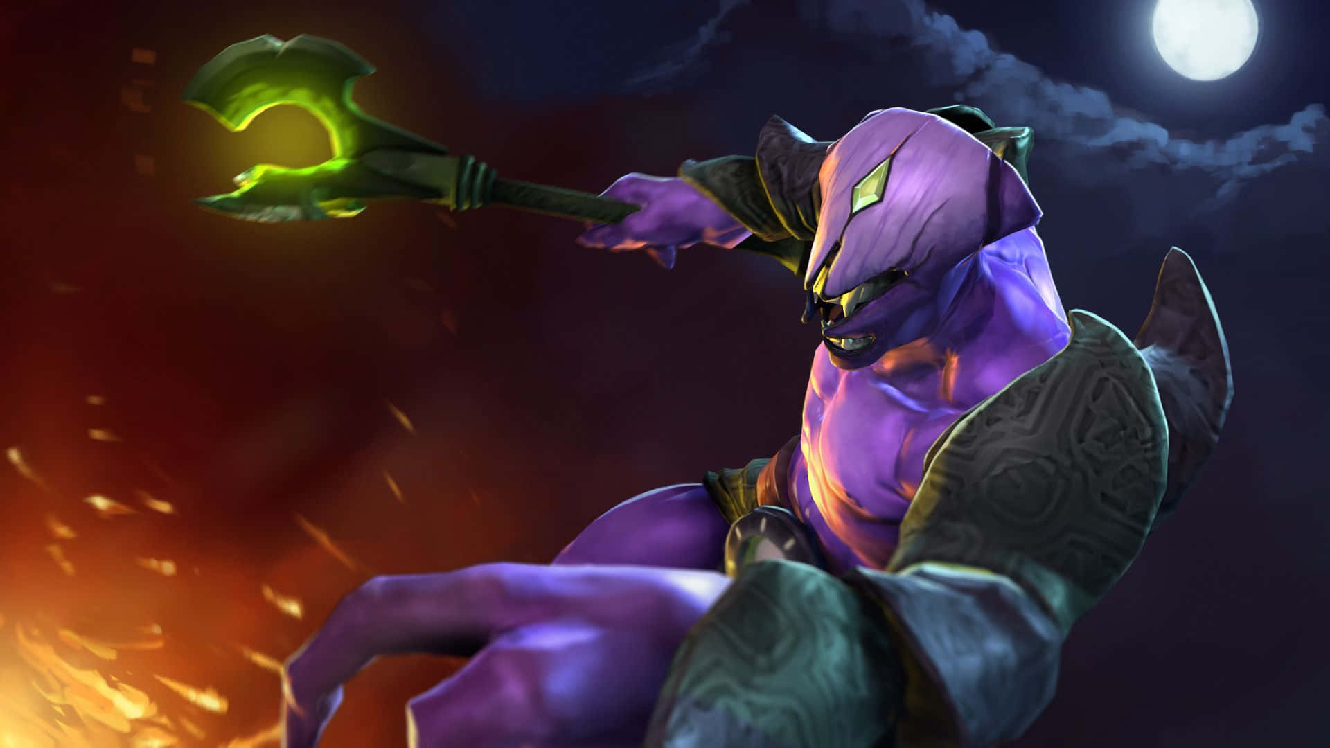 Faceless Void 桌布 壁紙 — 一個紫色皮膚的惡魔戰士在滿月下，以火焰背景揮舞著發光的綠色斧頭。