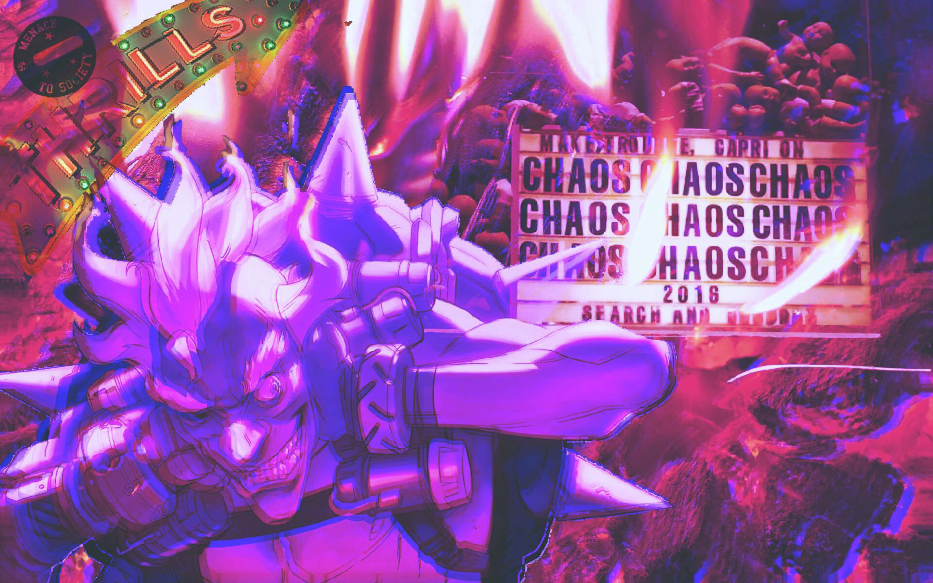 Aesthetic Overwatch 桌布 壁紙 — 一個紫色盔甲、刺蝟頭的戰士在火焰混亂和霓虹燈牌中咆哮，構成充滿活力的動漫戰鬥場景。