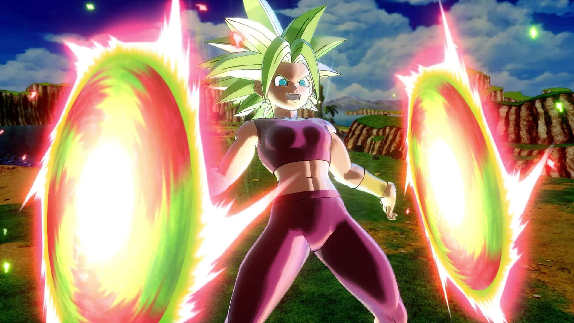 Dragon Ball Xenoverse 2 桌布 壁紙 — 一個紫色裝備、刺蝟頭的動漫戰士，在多雲的天空下，在岩石戶外競技場中引導發光的能量盤。