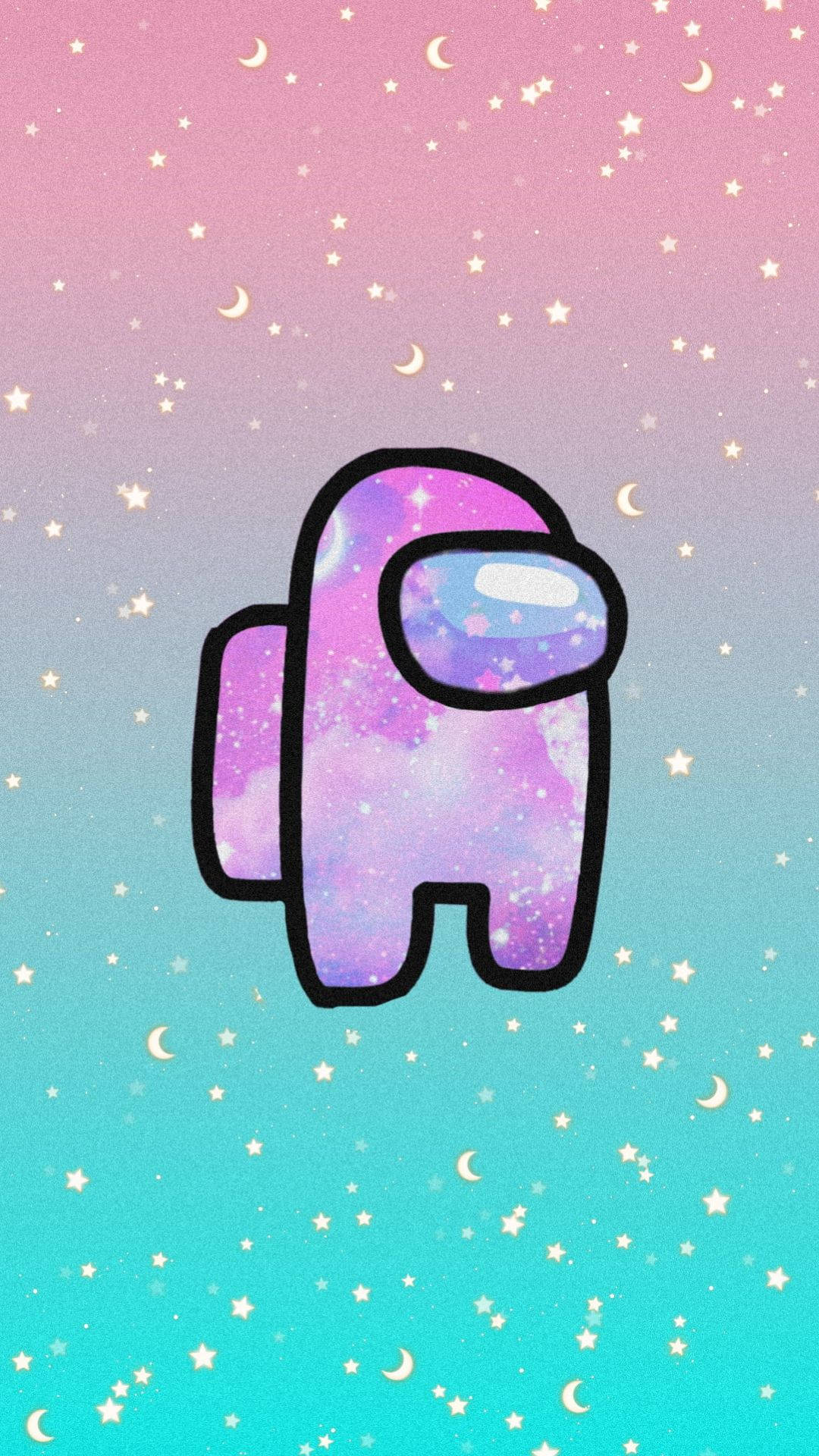喺星光閃爍嘅粉彩天空中帶有銀河圖案嘅Among Us角色。 — 粉紅色 iPhone 壁紙