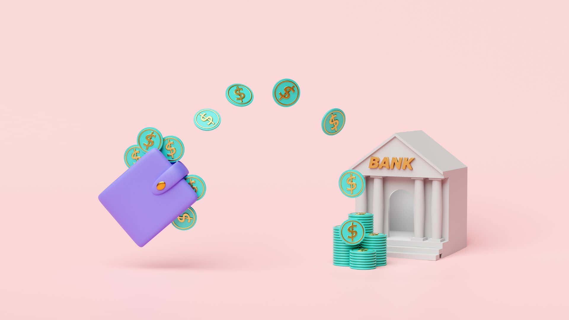 Purple Wallet 桌布 壁紙 — 一個紫色錢包將青綠色硬幣灑向一座底部有硬幣堆的微型銀行建築。