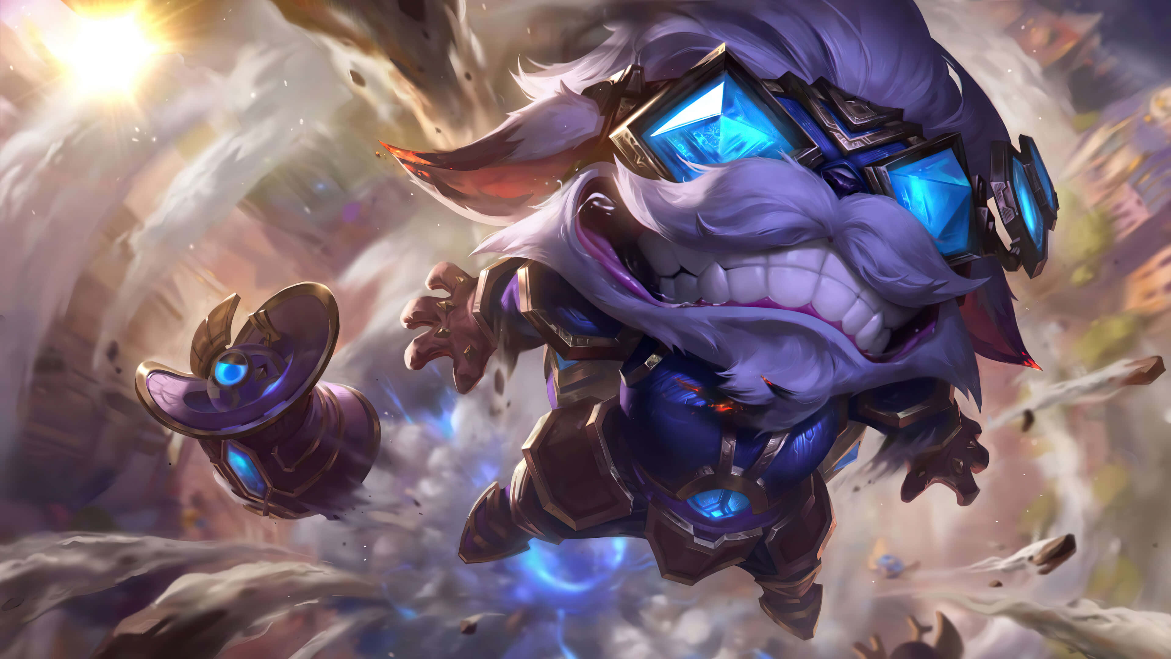 League Of Legends Champions 桌布 壁紙 — 一個紫色頭髮、戴著發光藍色護目鏡、咧嘴大笑的遊戲角色，在旋轉的碎片和明亮光線中向前衝刺。