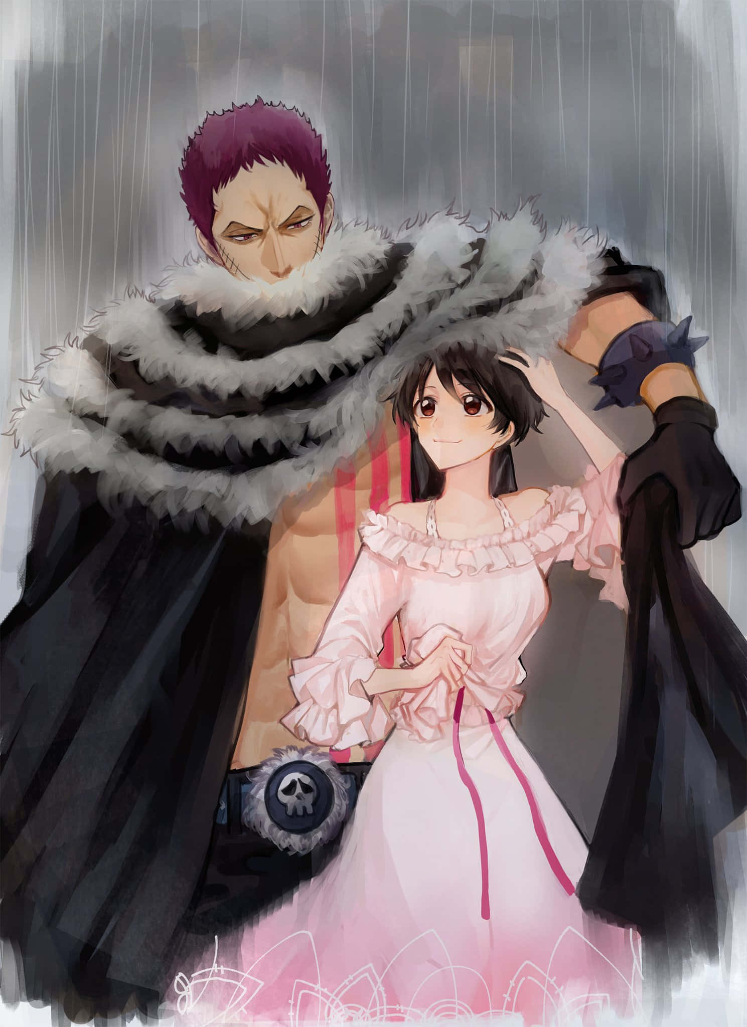 Charlotte Katakuri 桌布 壁紙 — 一個紫色頭髮、穿著毛領外套的男人在傾盆大雨中庇護一個穿著粉紅色連衣裙的微笑女孩。