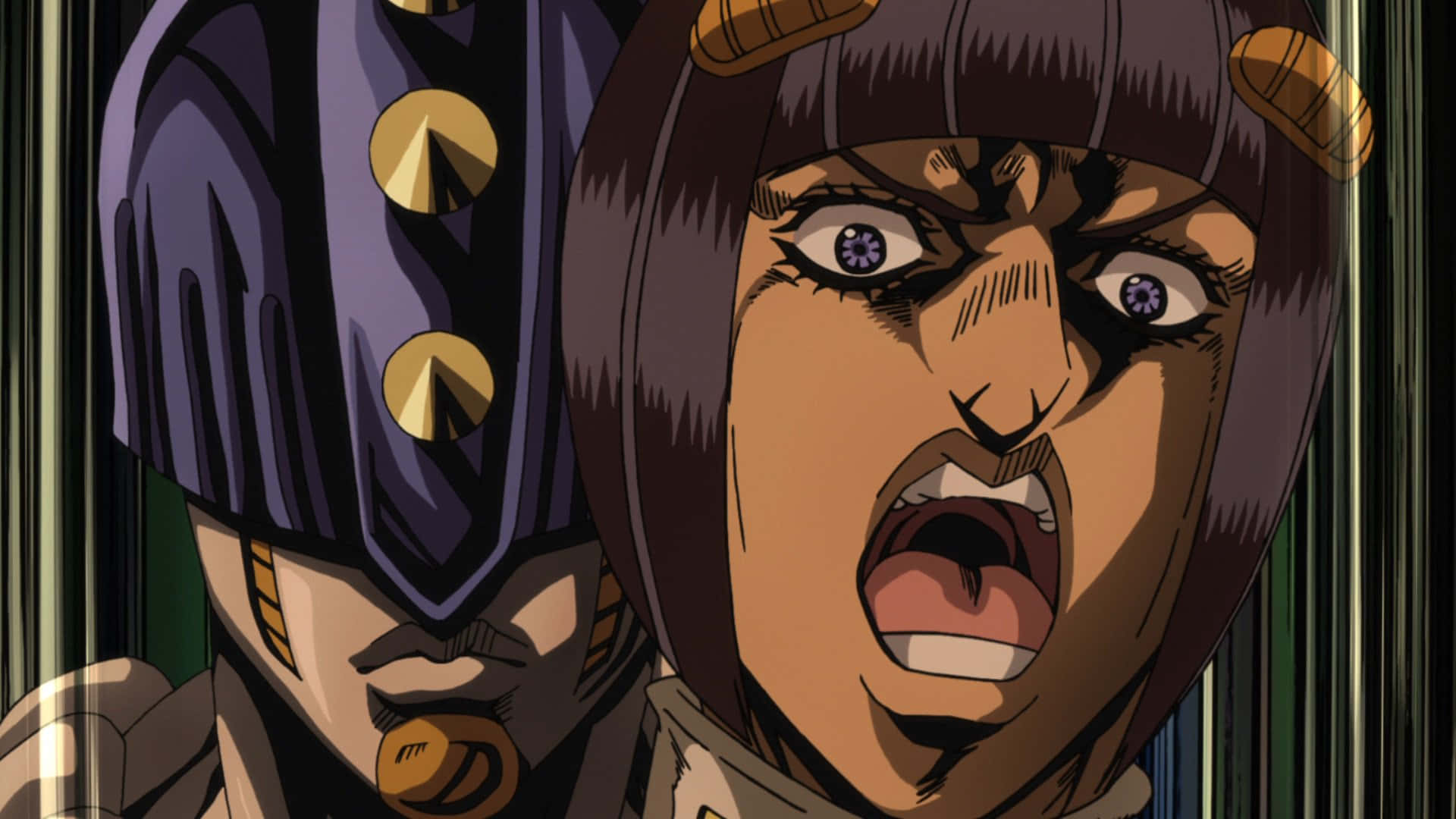 Vento Aureo 桌布 壁紙 — 一個紫色頭髮和金色角的動漫角色激烈地尖叫，而另一個戴著紫色頭盔的角色在旁觀看。