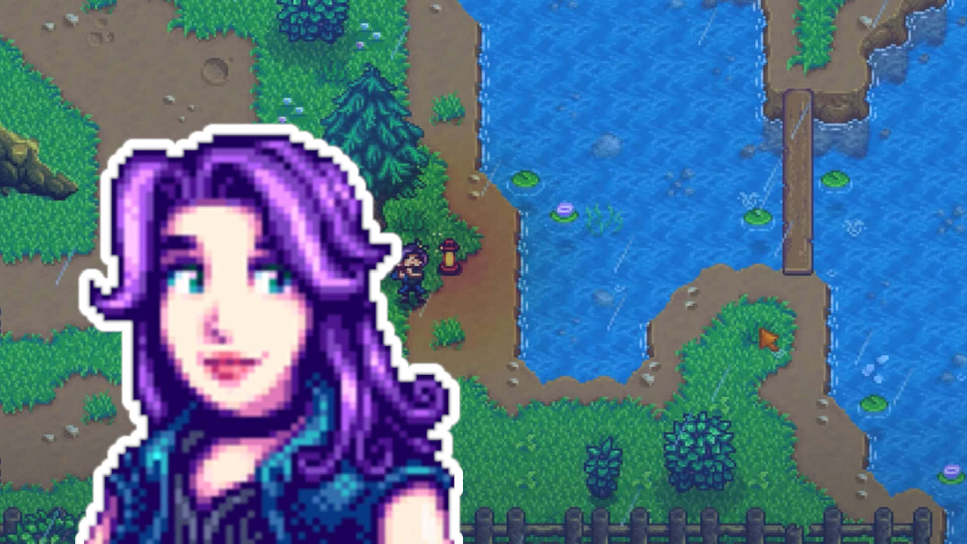 紫色頭髮的像素藝術角色疊加在Stardew Valley遊戲場景上，場景中有河流和雨。