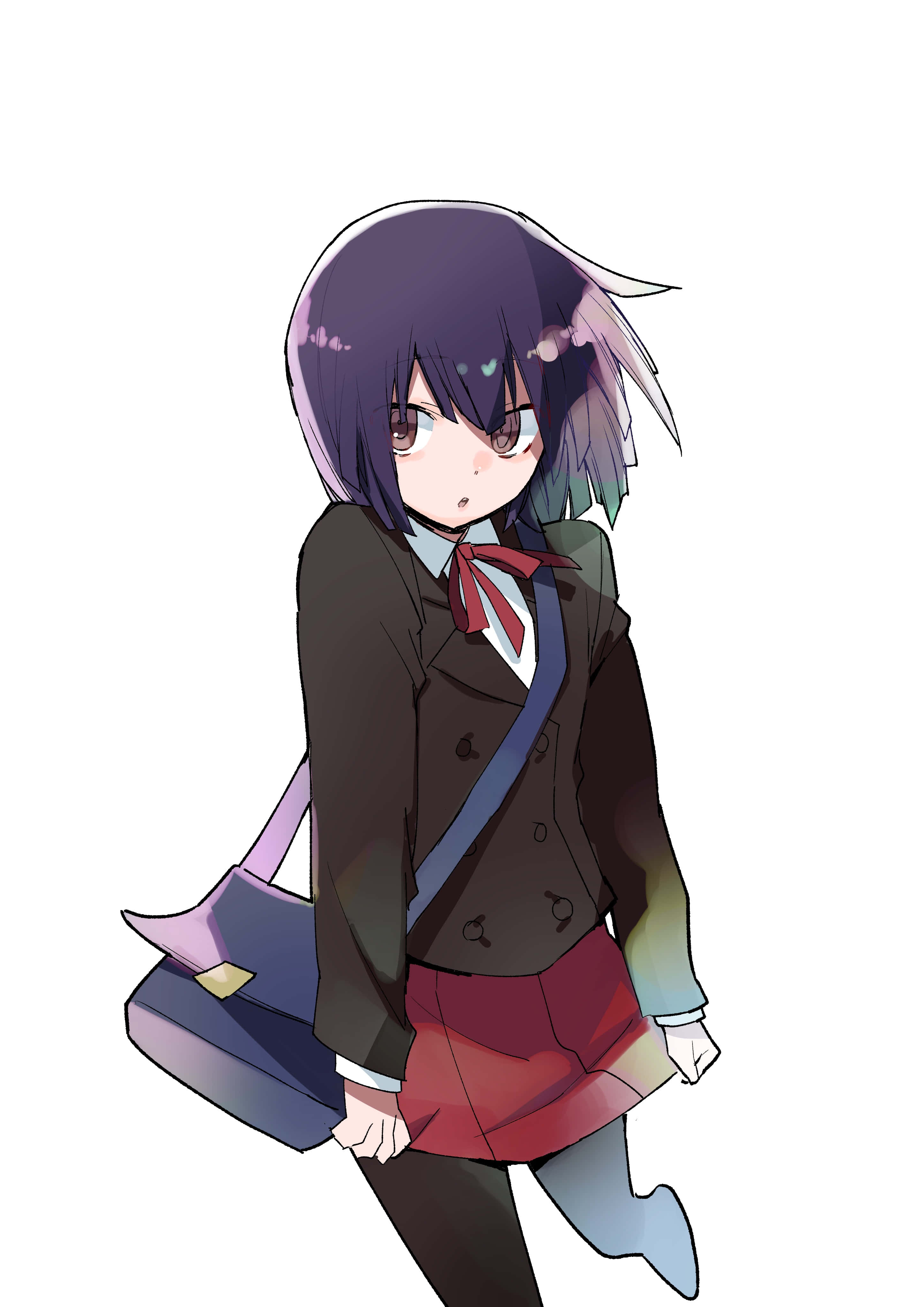 Akane Awakusu 桌布 壁紙 — 一個紫色頭髮的動漫女孩穿著校服，戴著紅色蝴蝶結，拿著藍色書包，站在純白色背景前。