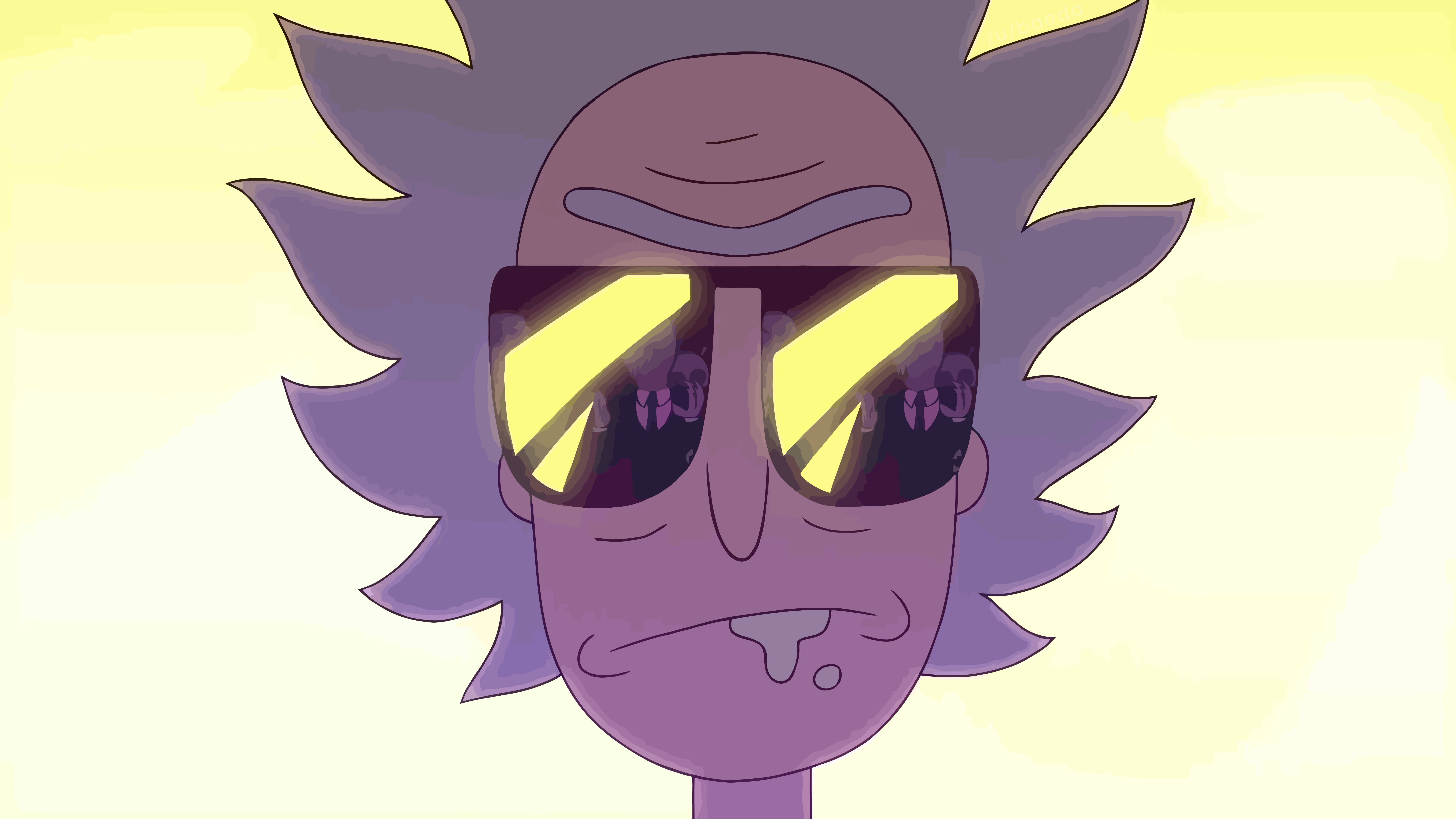 Rick And Morty PC 4K 壁紙 — 一個紫色頭髮的動畫角色，戴著黃色太陽眼鏡，流著口水，背景是柔和的黃色。