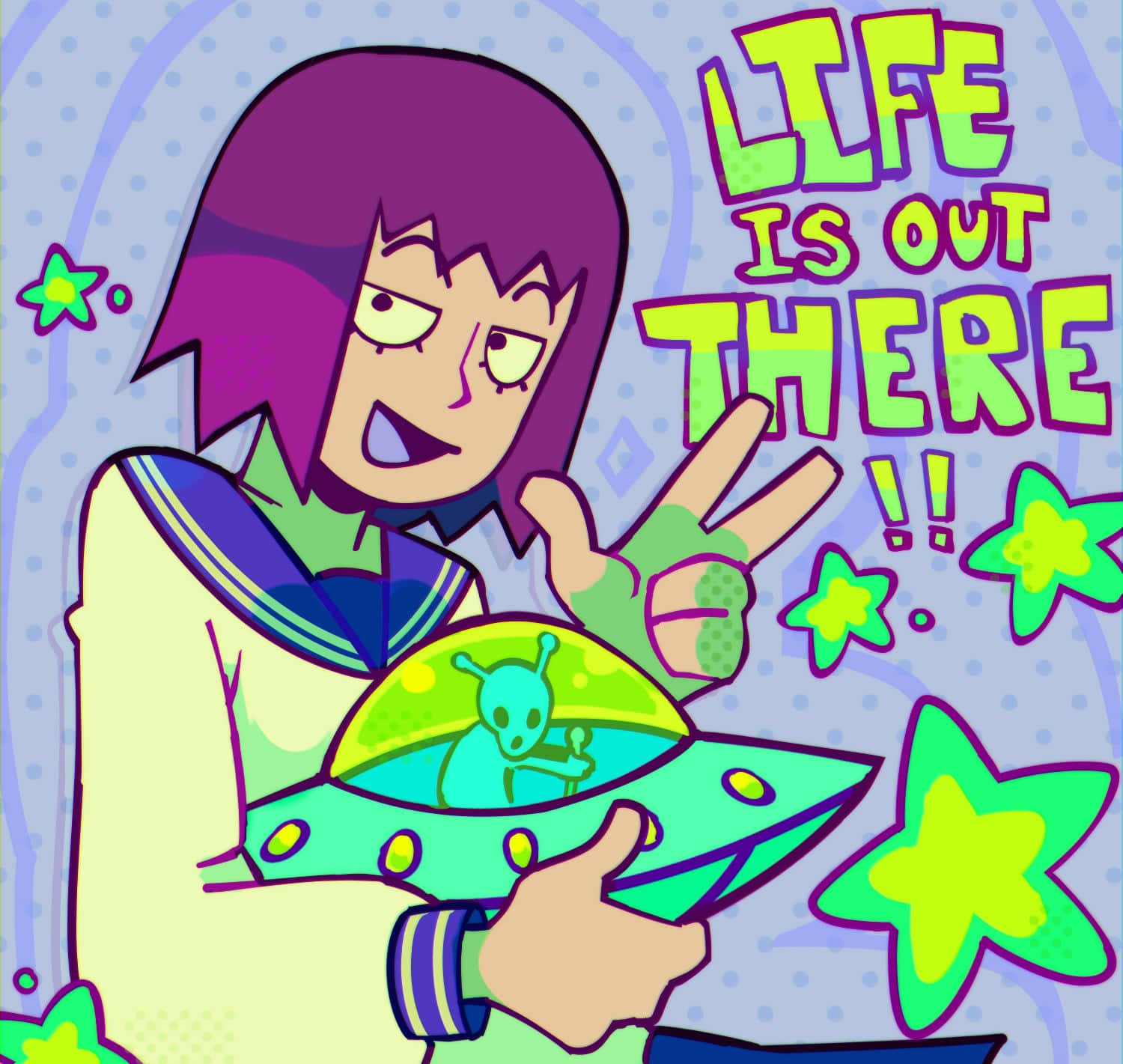 Tome Kurata 桌布 壁紙 — 一個紫色頭髮的卡通女孩拿著一個發光的UFO，裡面有一個綠色外星人，同時做出和平手勢。